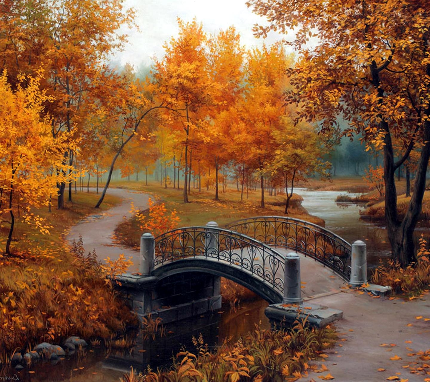 1499581 descargar fondo de pantalla sendero, artístico, puente, otoño, color naranja), parque, corriente, árbol: protectores de pantalla e imágenes gratis