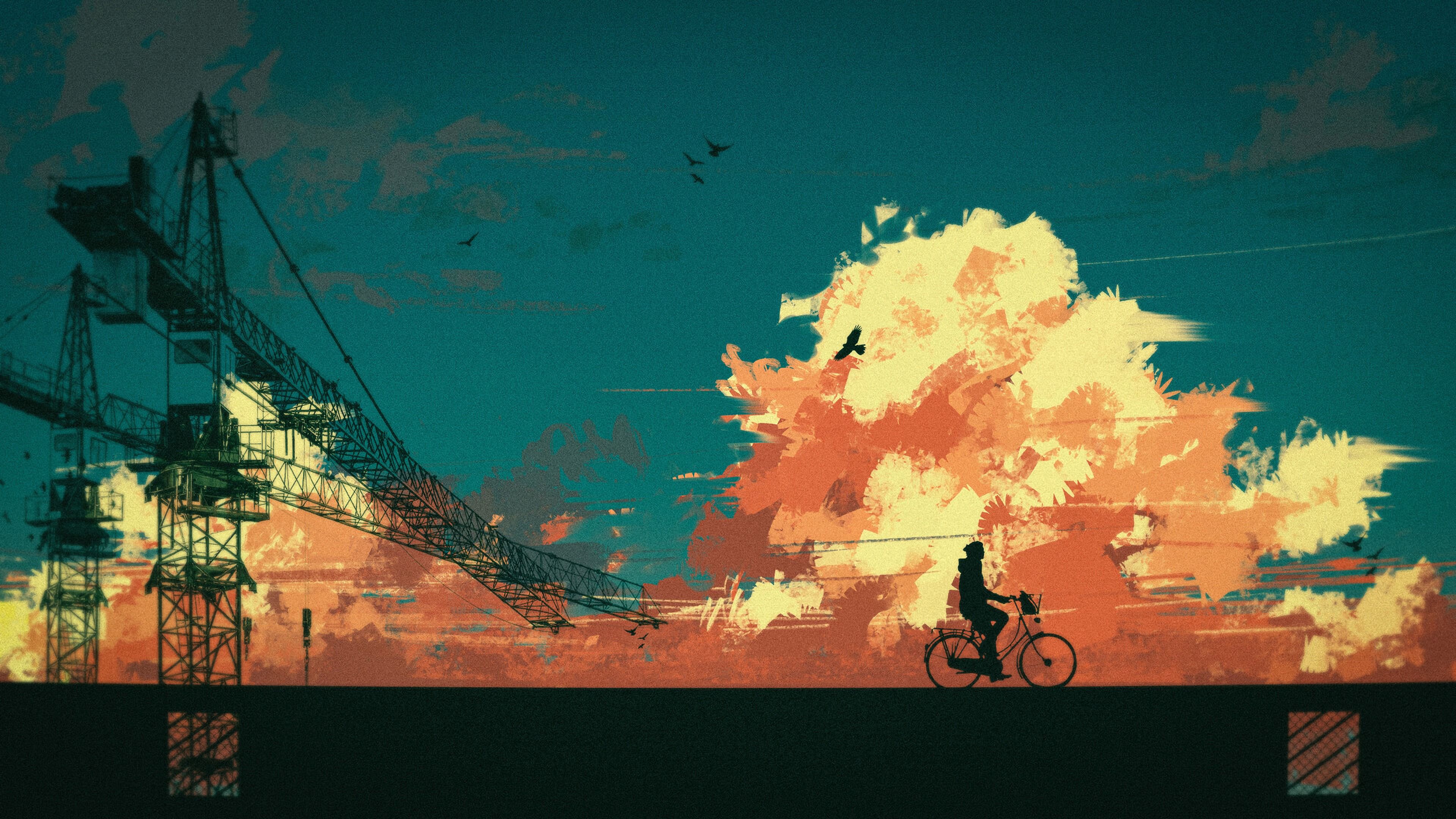 art, clouds, silhouette, bicycle, cyclist HD wallpaper