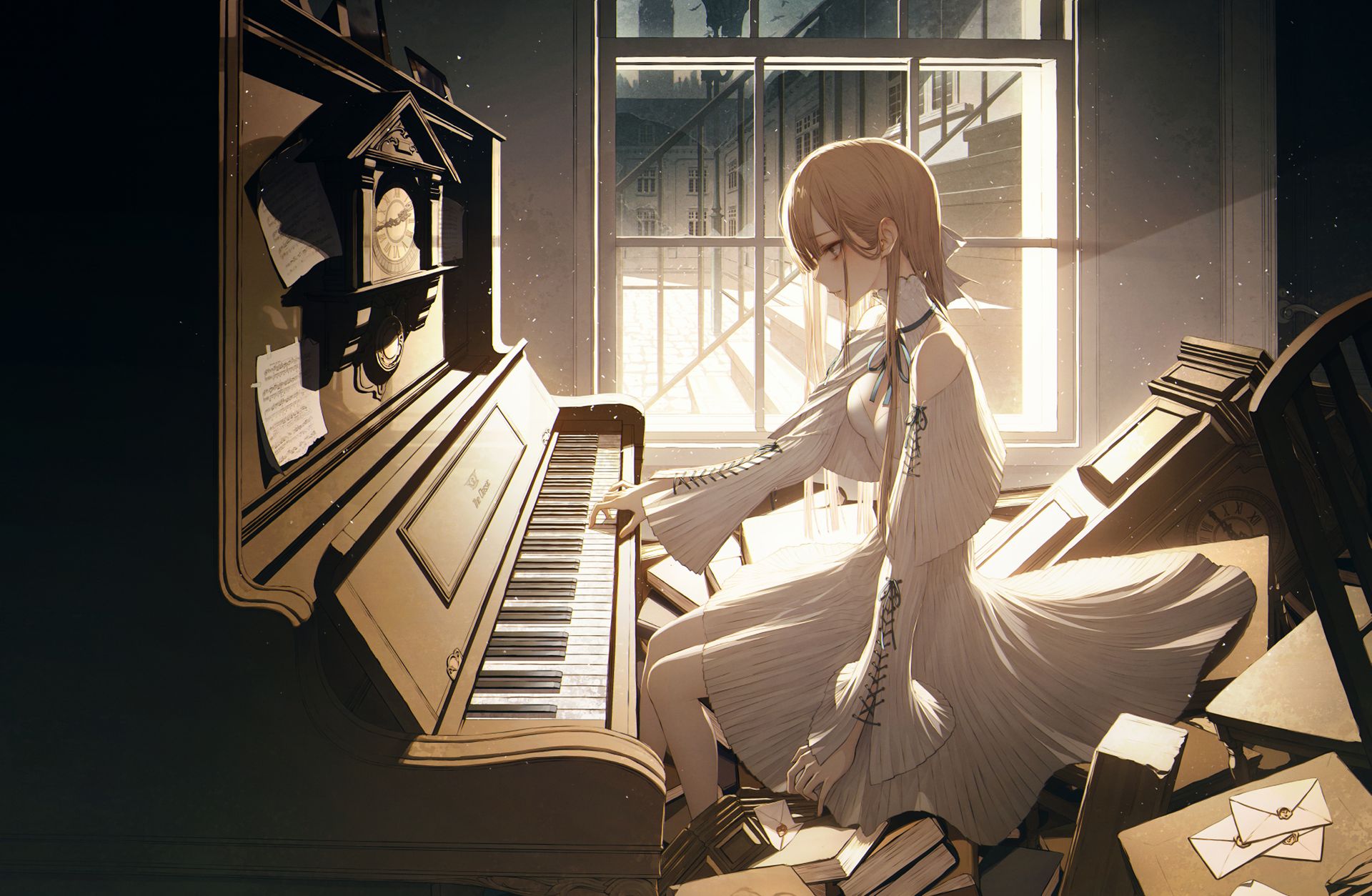 Аниме девушка за фортепиано