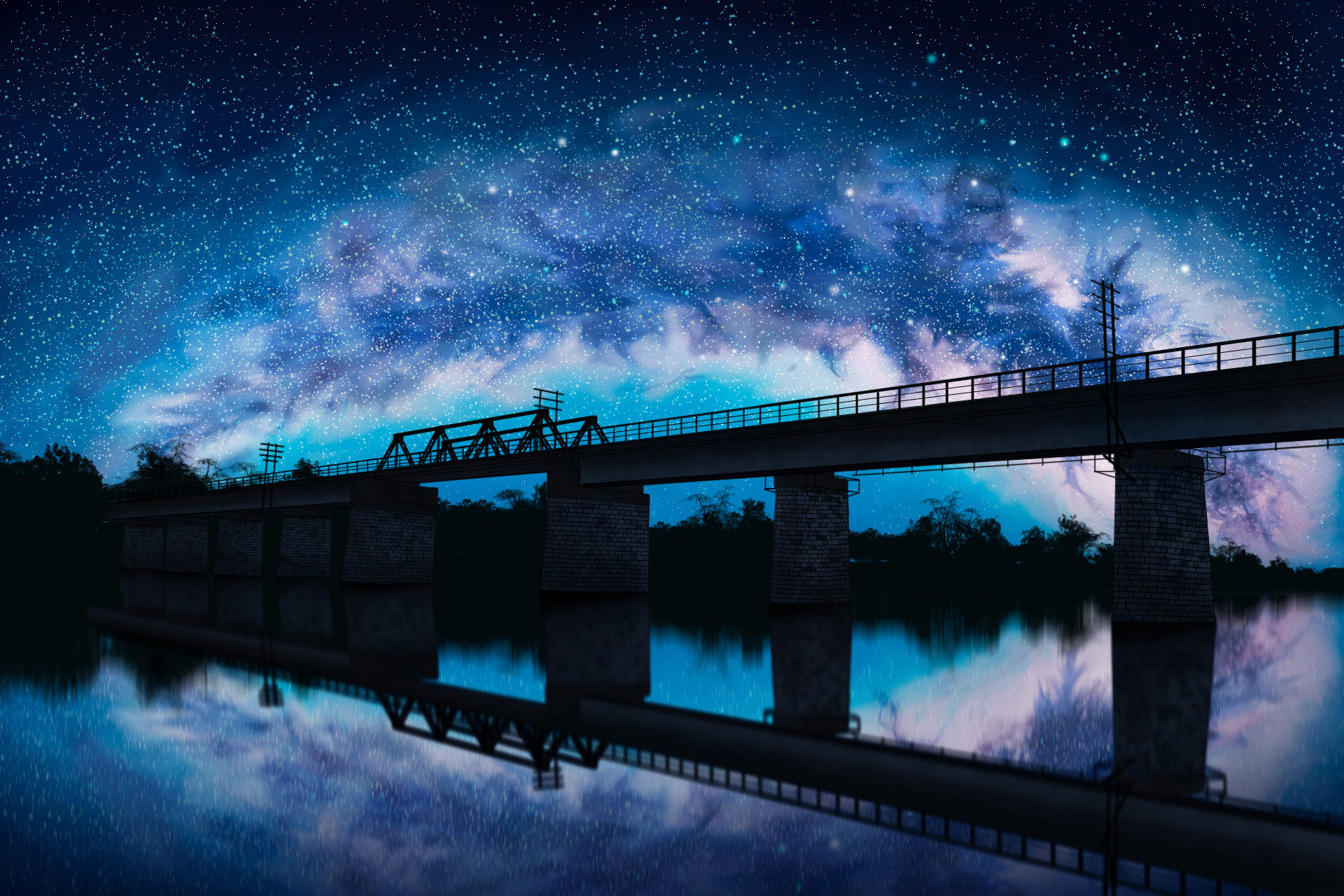 Мост у реки ночью