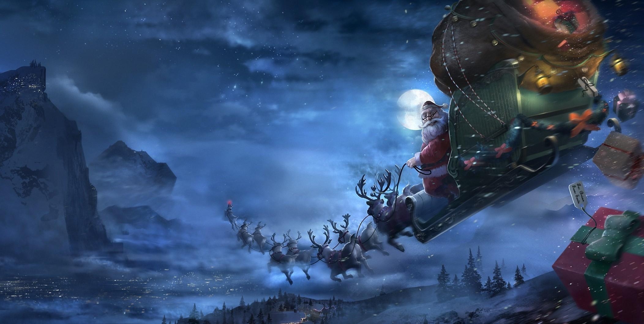 christmas, santa claus, holidays, deers, flight, sleigh, sledge, presents, gifts 1080p