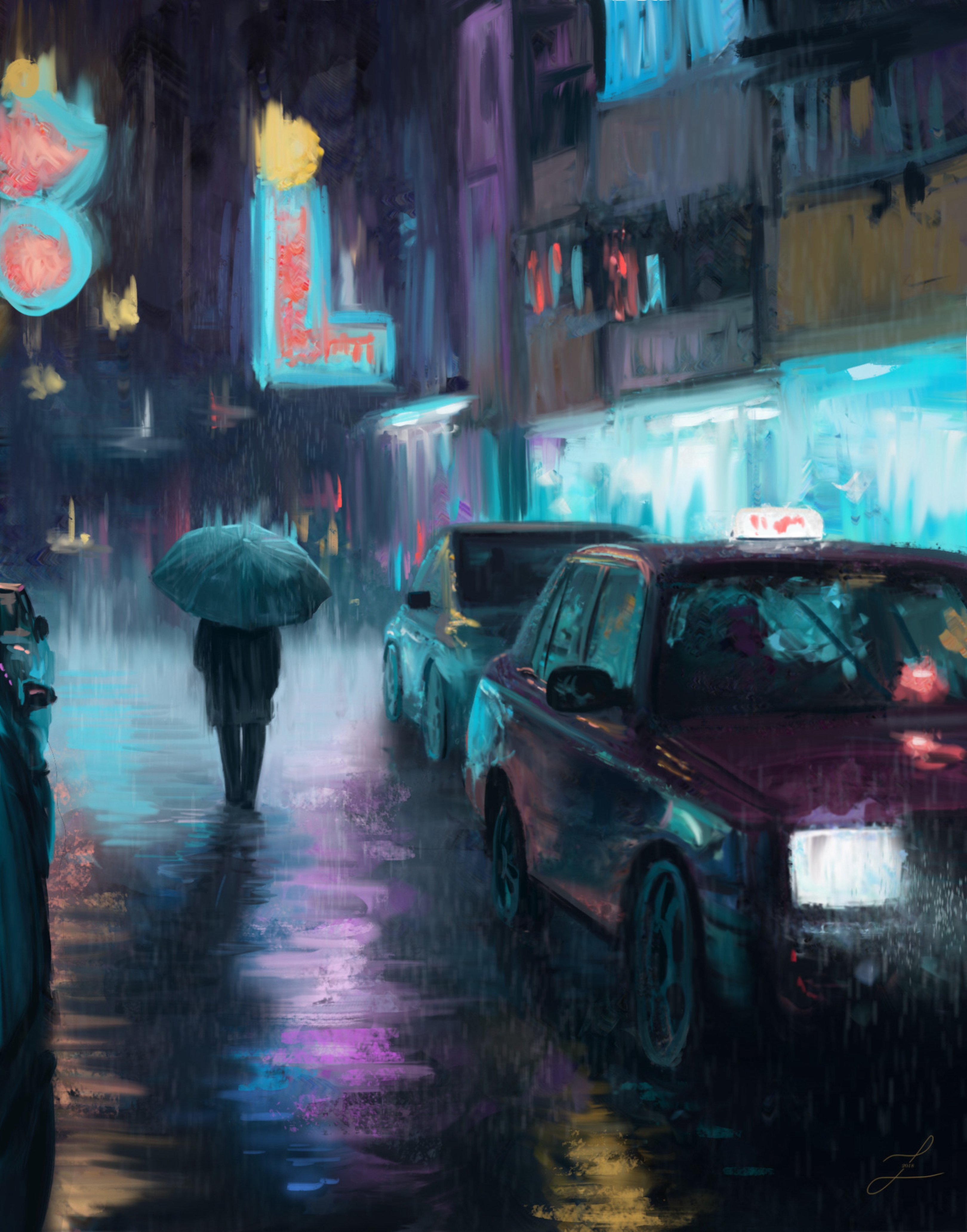 art, silhouette, painting, rain, auto, night city, street Full HD