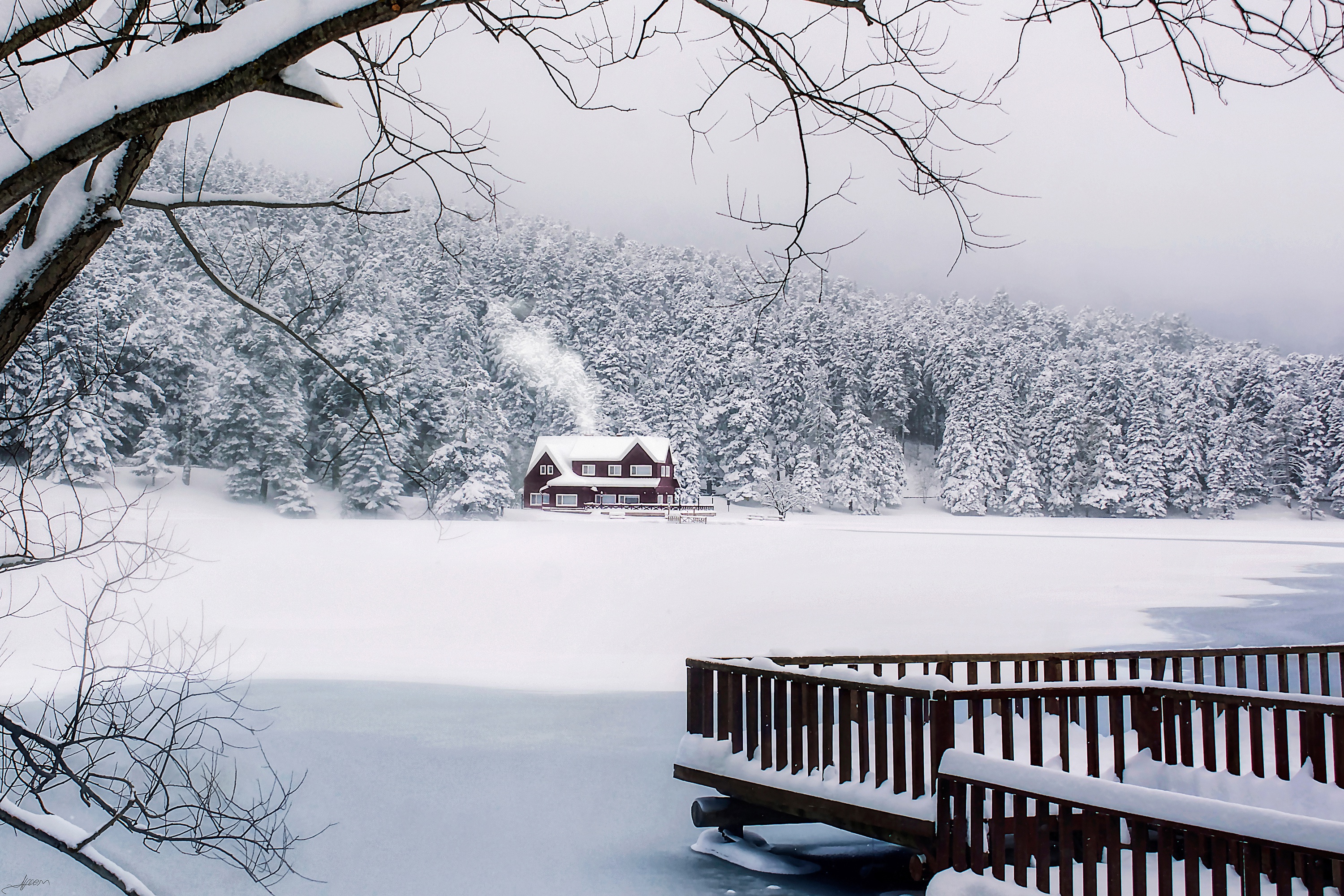 Скачать картинку Зима, Снег, Лес, Дом, Фотографии, Турция, Озеро Гёльджюк в телефон бесплатно.