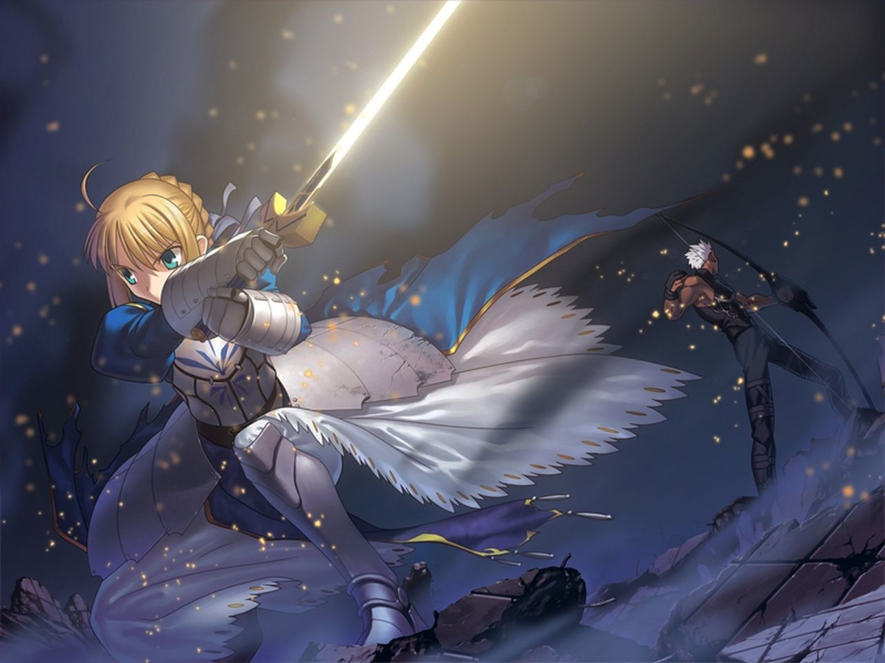 anime, fate/stay night, archer (fate/stay night), armor, blonde, blue eyes, fate (series), saber (fate series), sword, weapon, white hair phone background