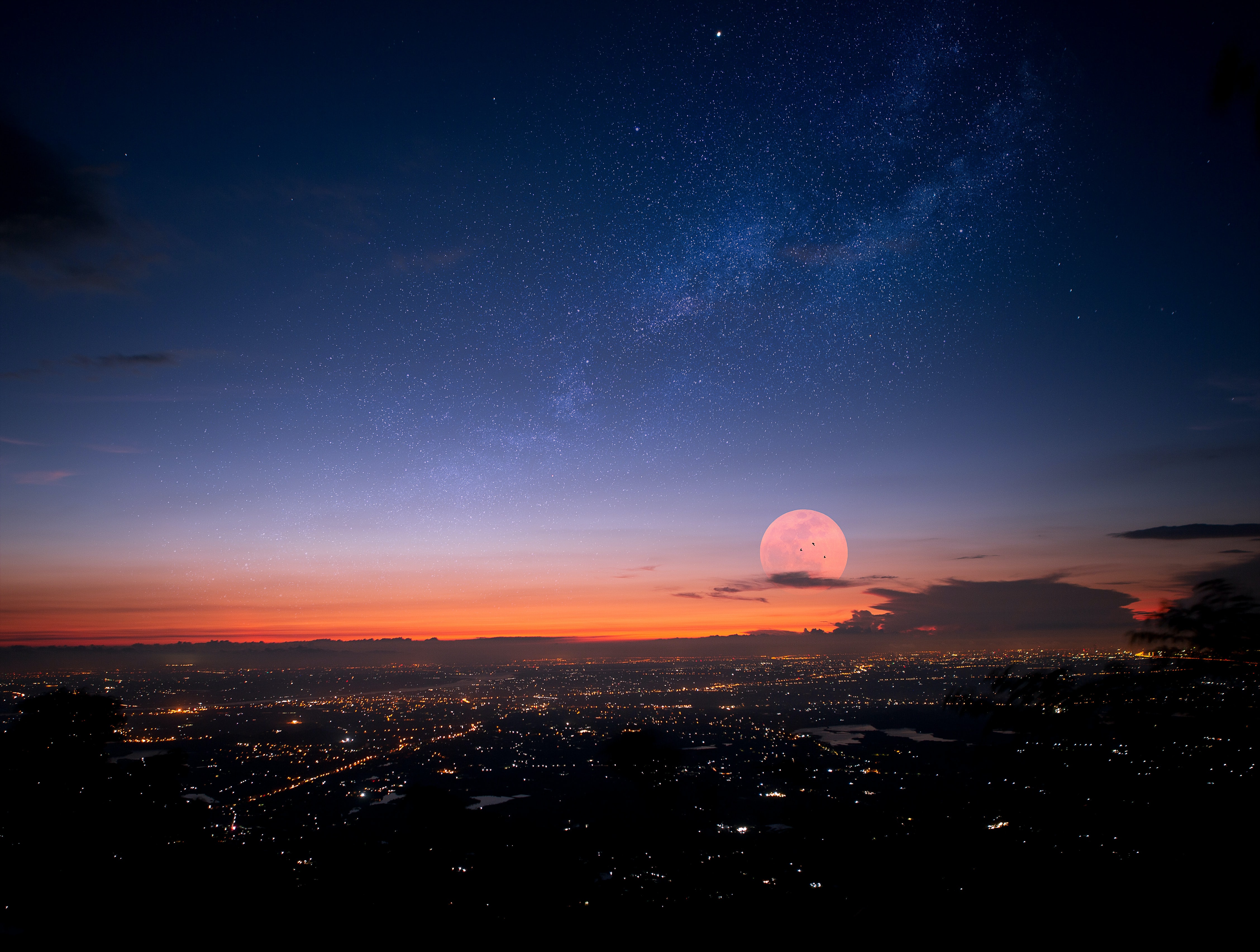 moon, night, cities, city, lights Panoramic Wallpaper