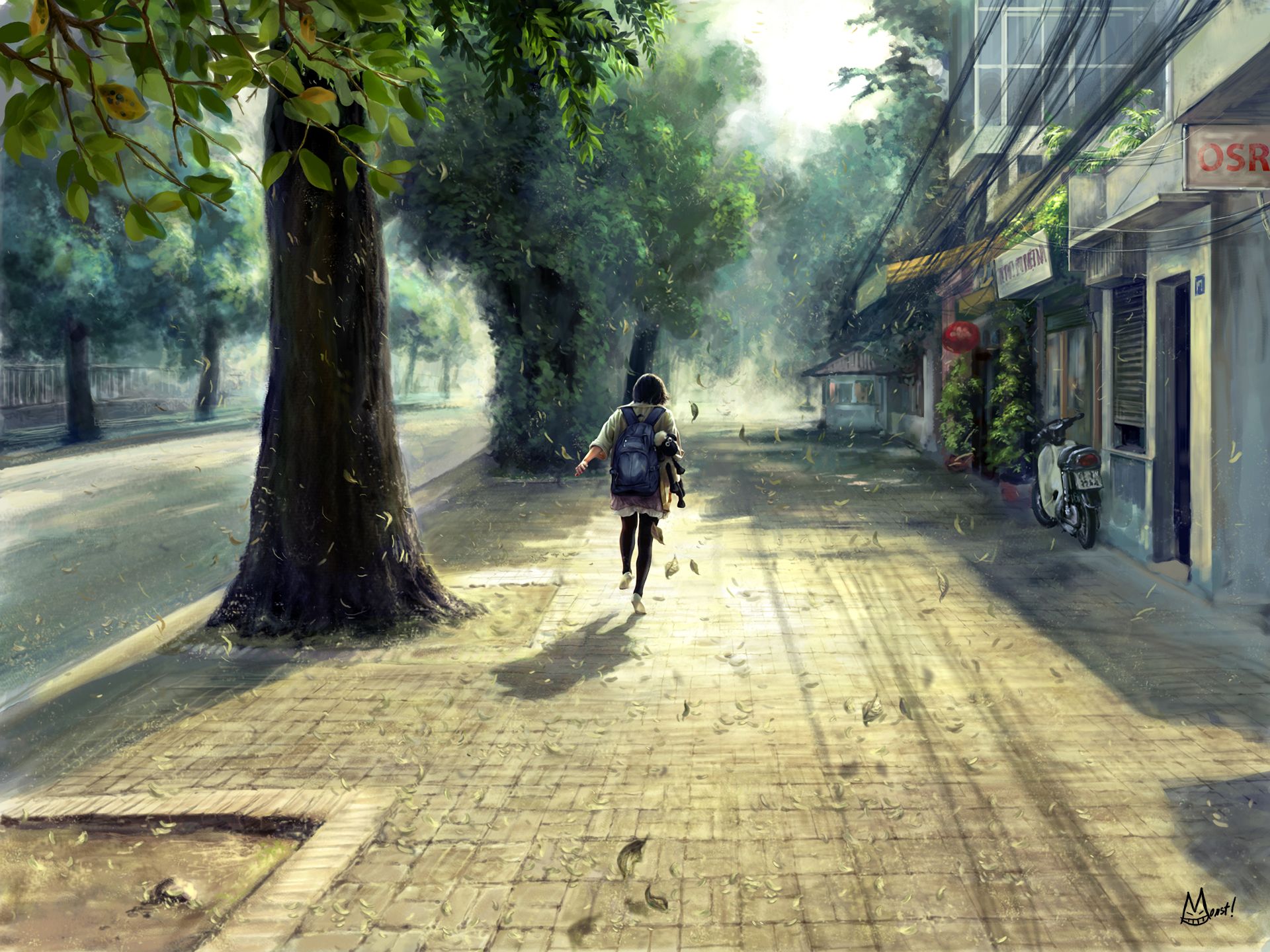 anime, tree, street, running, backpack, wind lock screen backgrounds