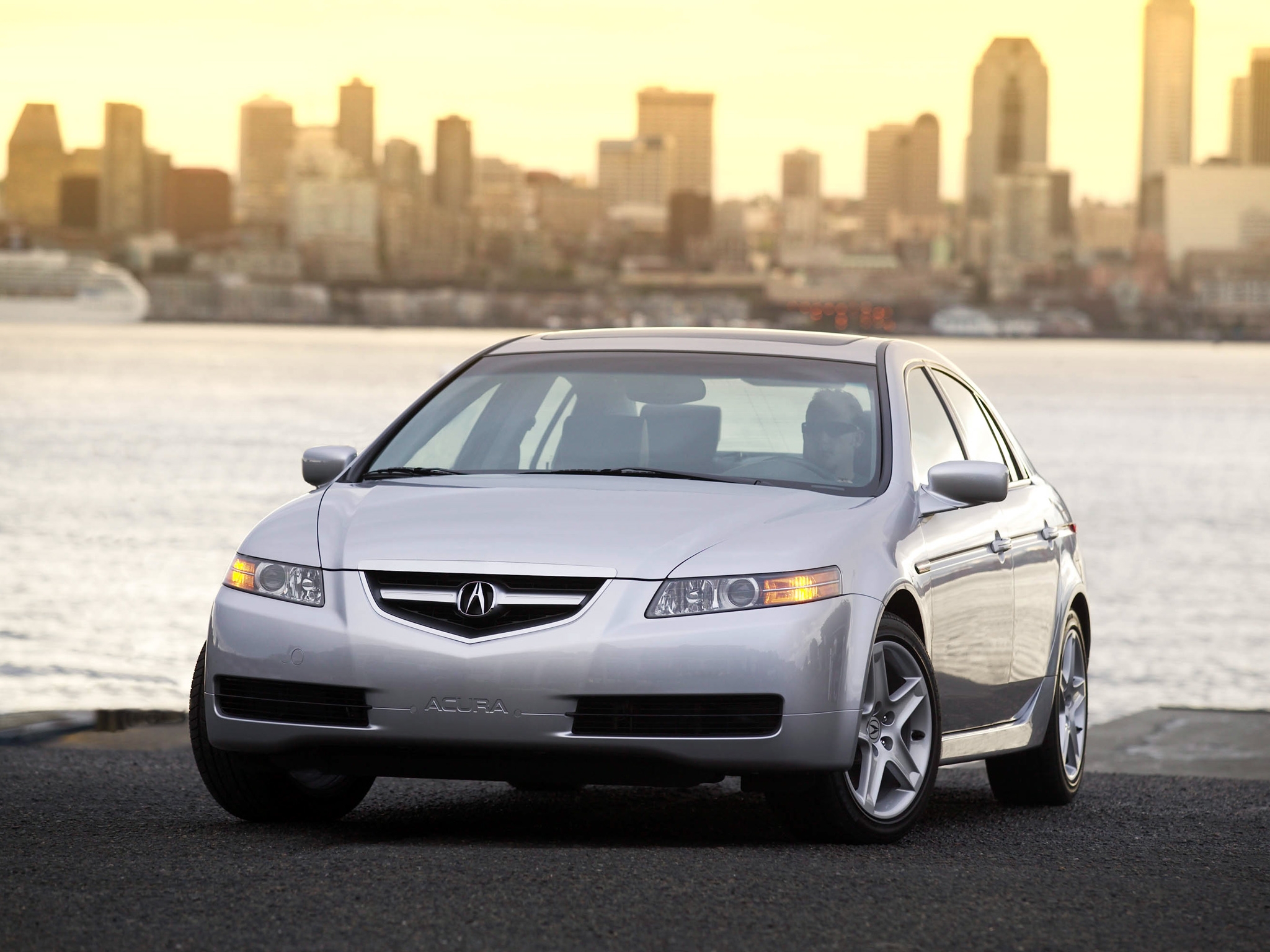 Free download wallpaper Auto, Water, Sunset, Acura, Cars, Style, Akura, Tl, 2004, Silver Metallic, City, Front View on your PC desktop