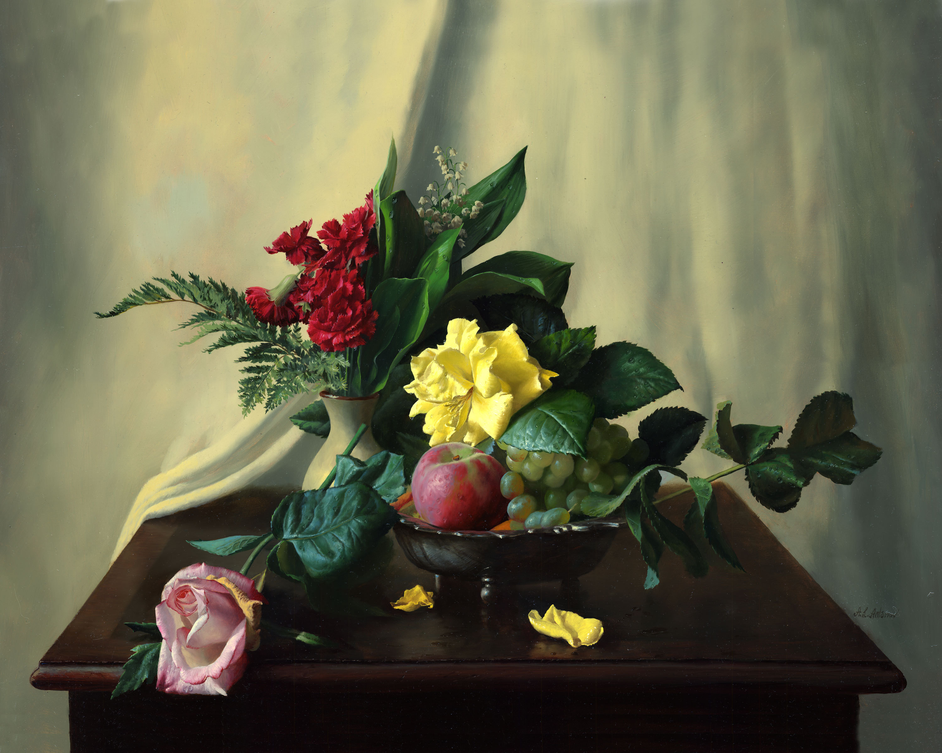 photography, still life, bowl, flower, fruit, rose HD wallpaper