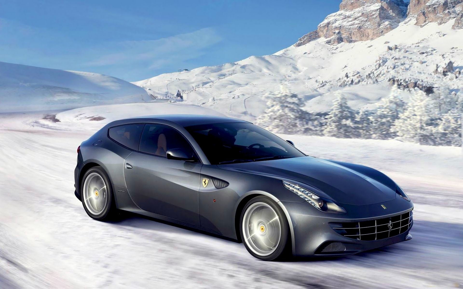 Скачать картинку Снег, Горы, Зима, Пейзаж, Транспорт, Машины, Феррари (Ferrari) в телефон бесплатно.