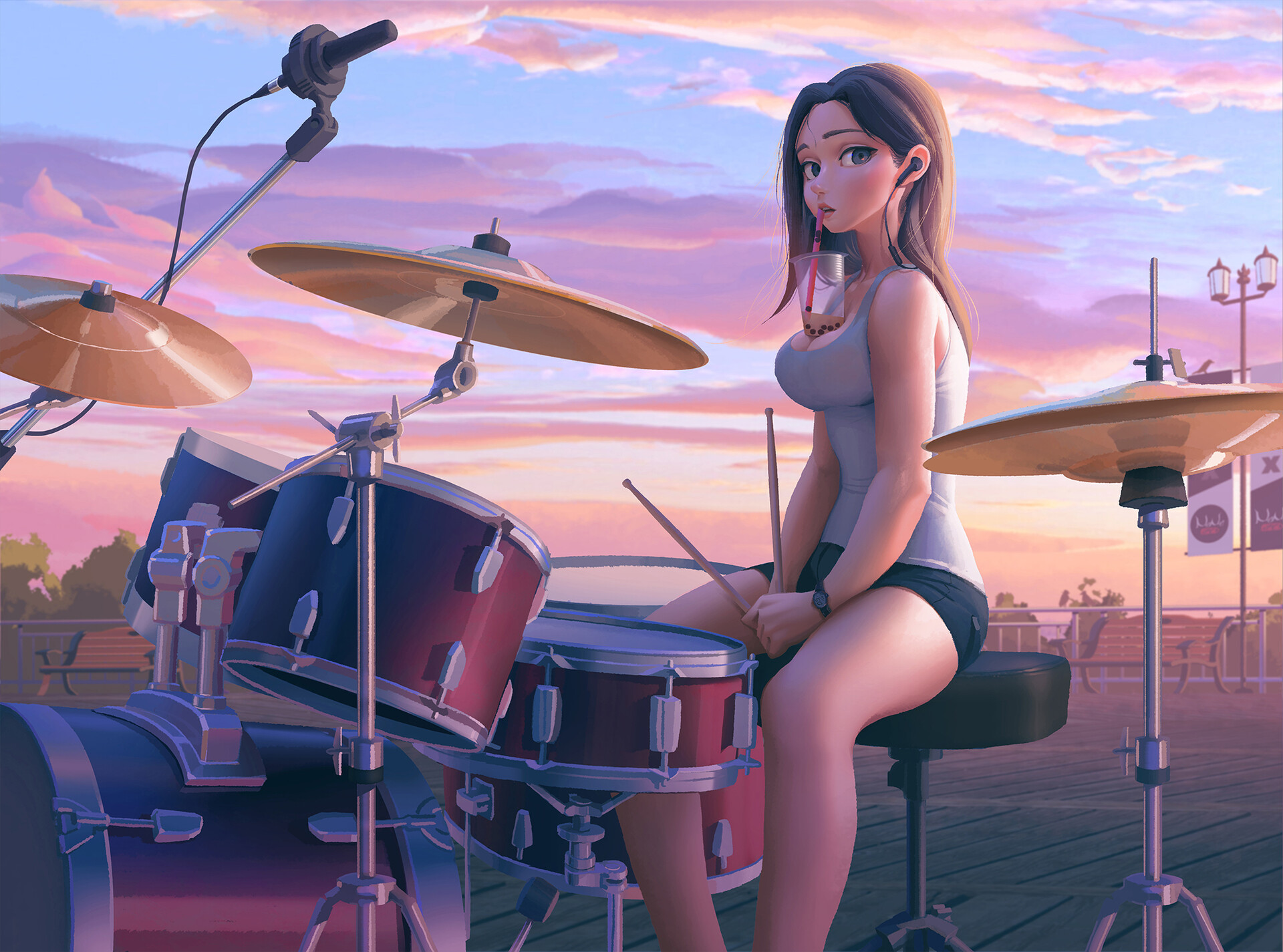 fantasy, women, drum set, drummer HD for desktop 1080p