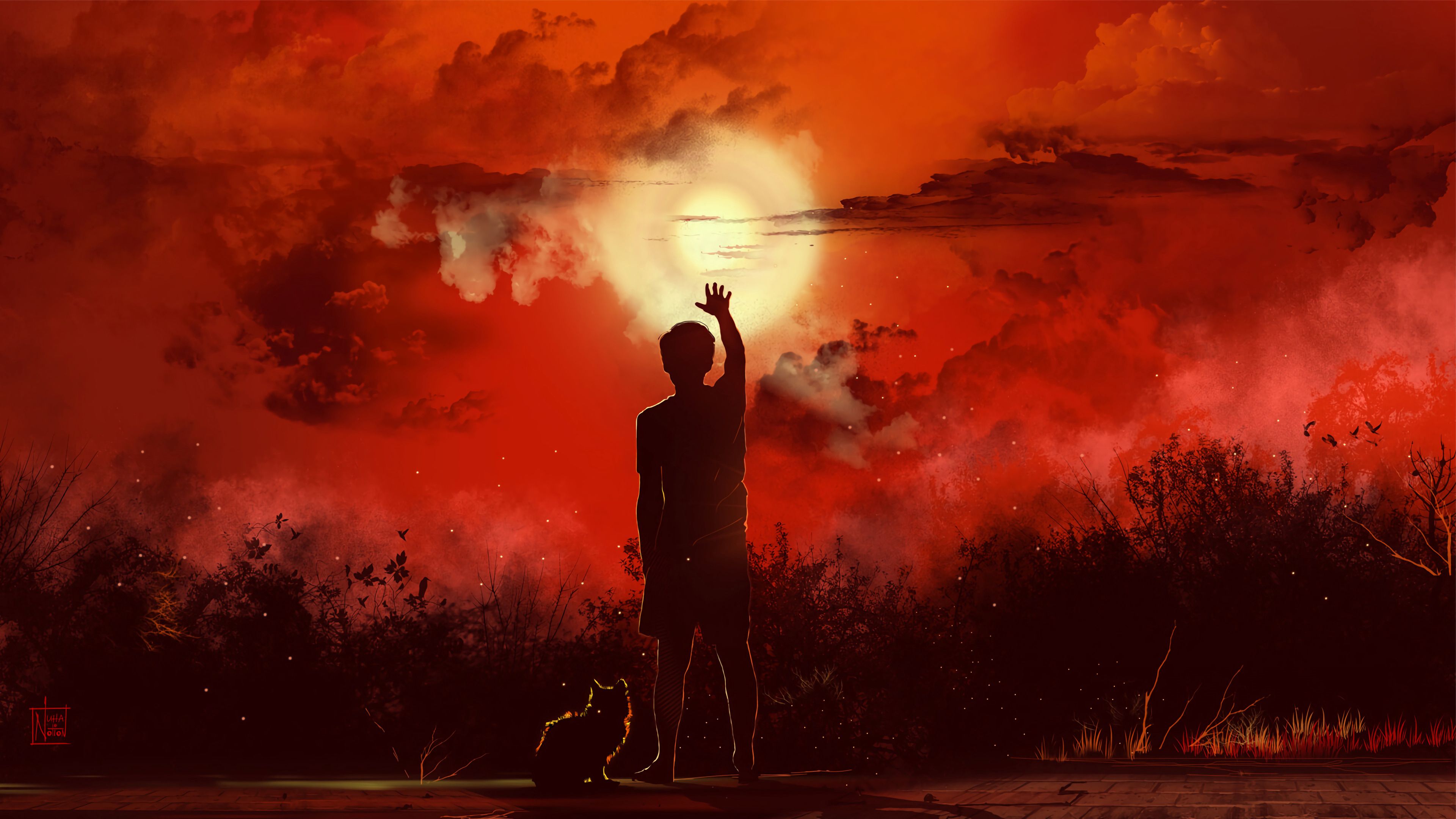 Download mobile wallpaper Art, Cat, Person, Sunset, Silhouettes, Human for free.