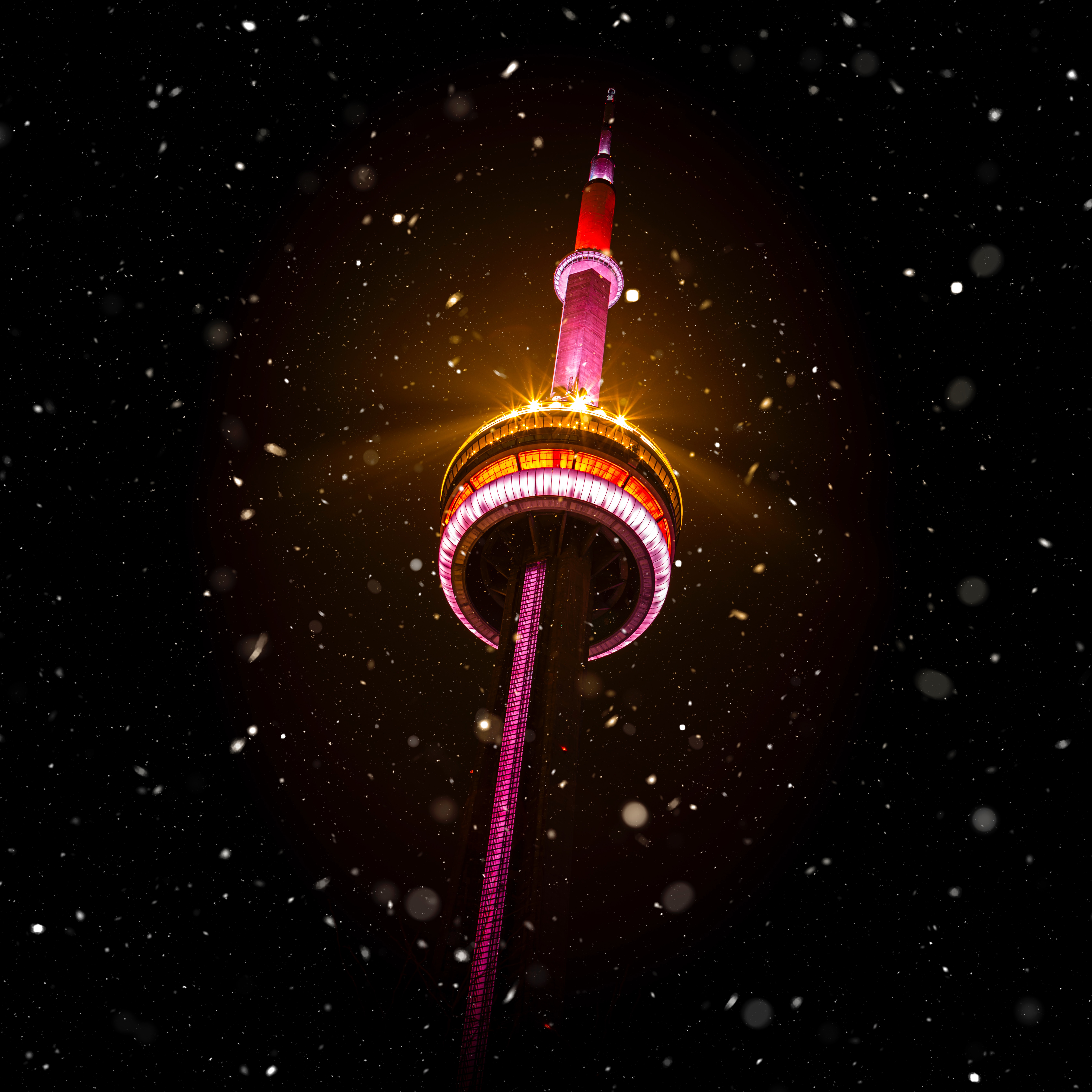 Download mobile wallpaper Snow, Building, Tower, Shine, Night, Light, Dark for free.