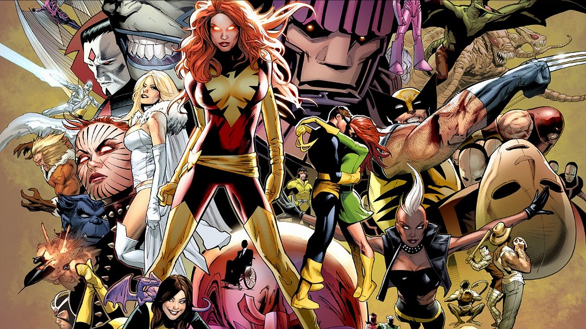 phoenix (marvel comics), comics, x men, beast (marvel comics), cyclops (marvel comics), dark phoenix, emma frost, havok (marvel comics), iceman (marvel comics), jean grey, lockheed (marvel comics), marvel girl, mister sinister, rogue (marvel comics), sabertooth, storm (marvel comics), wolverine QHD