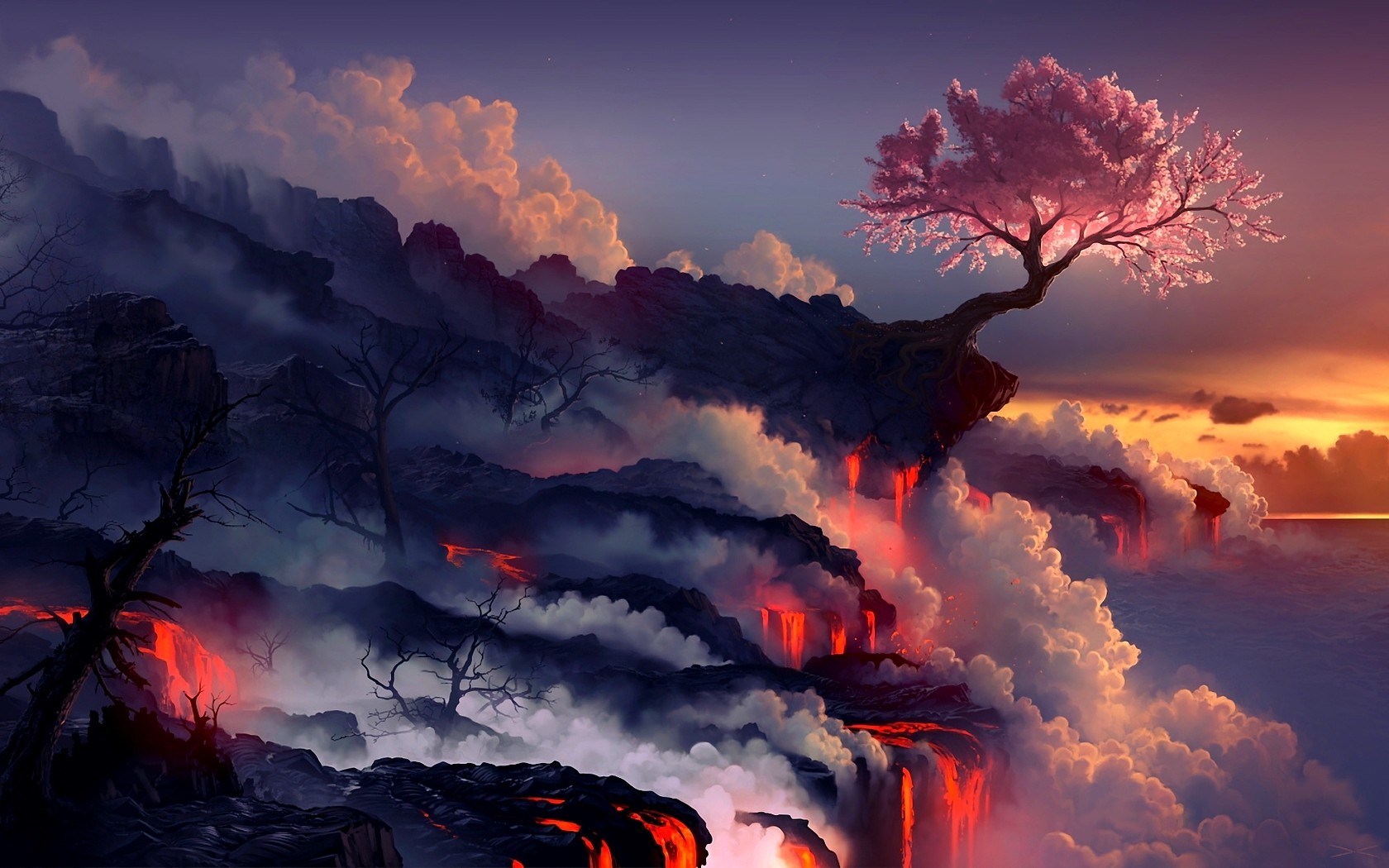sakura, landscape, asia, sunset HD wallpaper