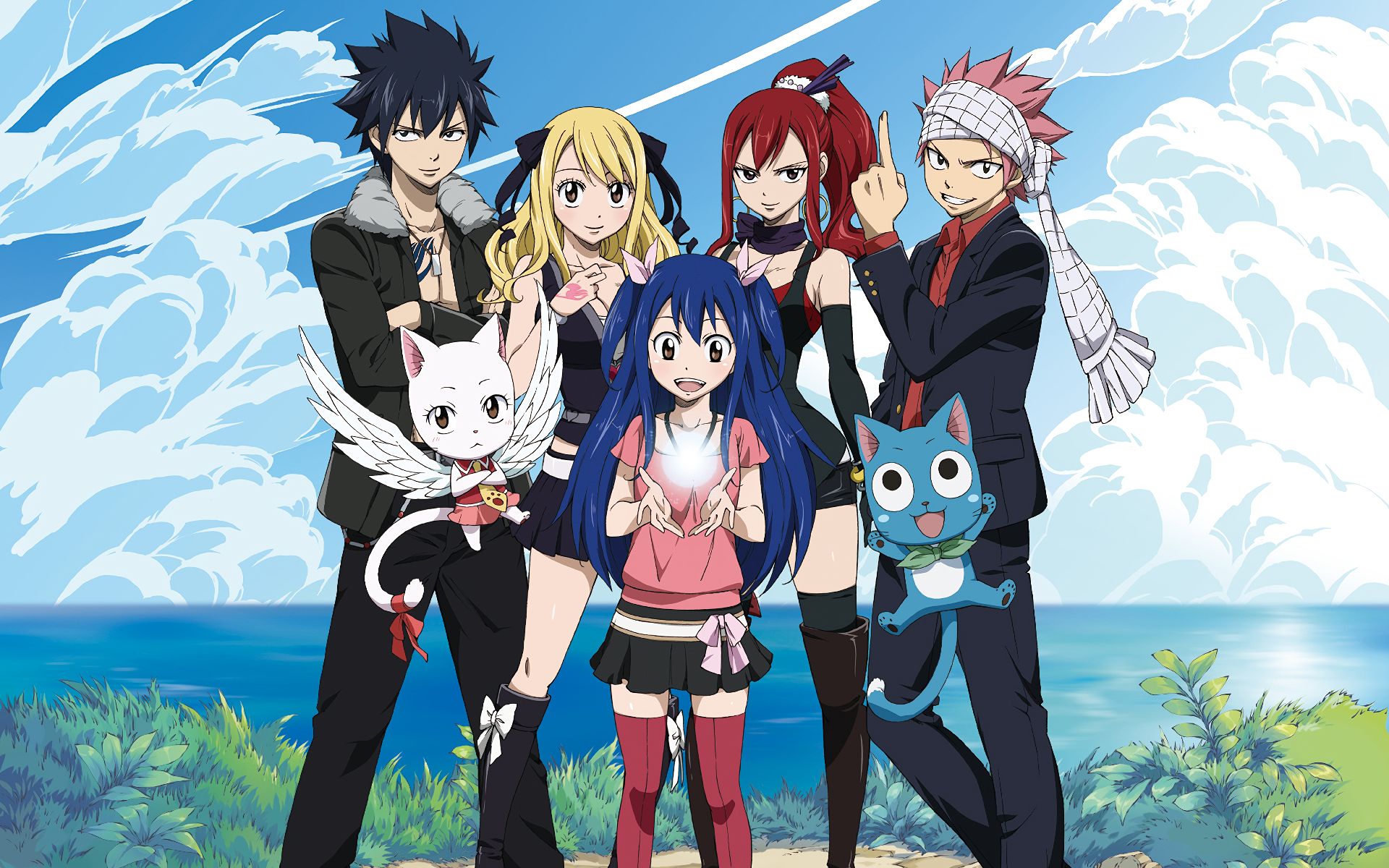happy (fairy tail), anime, fairy tail, black hair, blonde, blue hair, bow (clothing), brown eyes, charles (fairy tail), cloud, erza scarlet, gray fullbuster, long hair, lucy heartfilia, natsu dragneel, pink hair, ponytail, red hair, short hair, shorts, skirt, smile, thigh boots, thigh highs, wendy marvell Phone Background