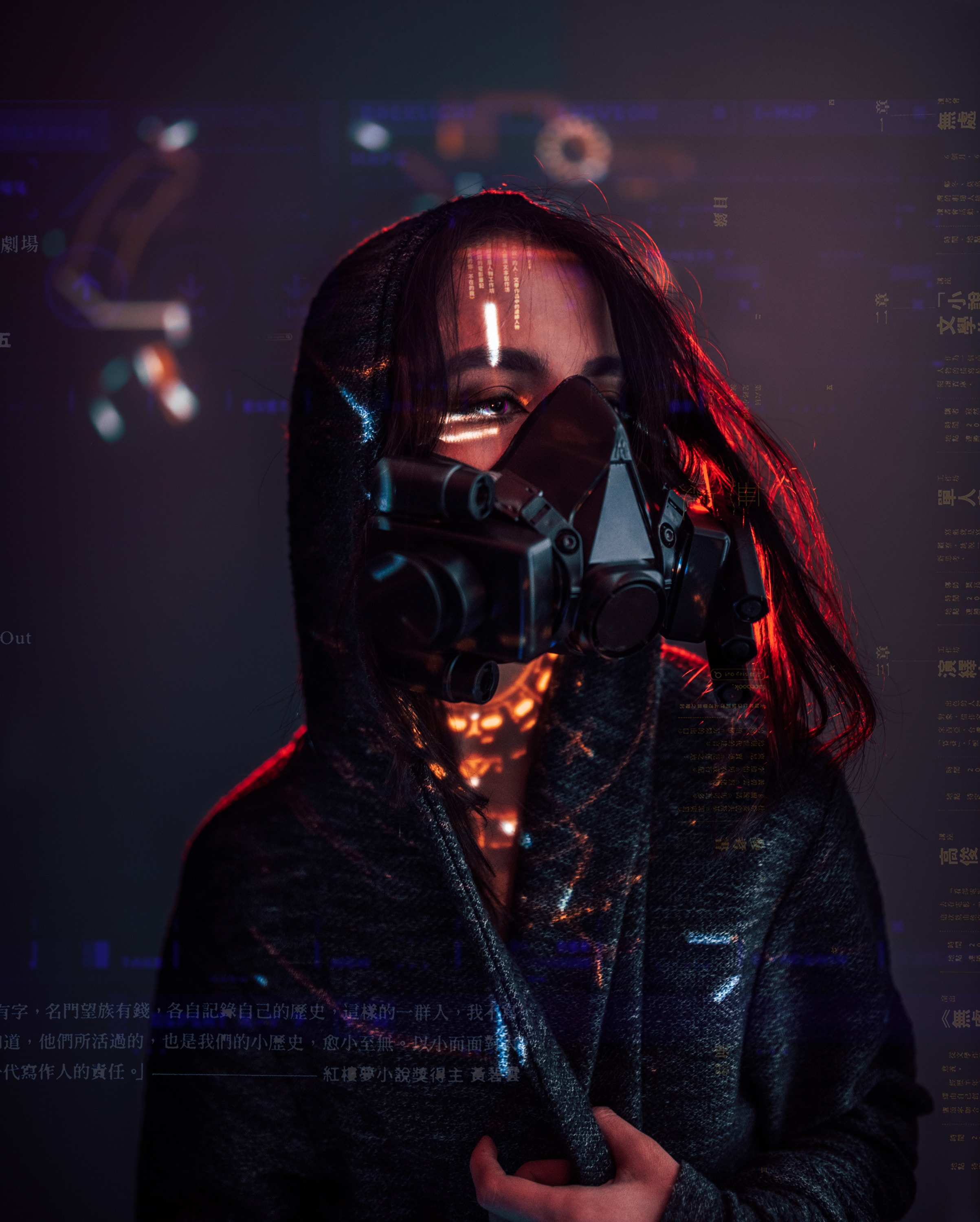 cyberpunk, sci fi, girl, respirator, hologram, miscellanea, miscellaneous HD wallpaper