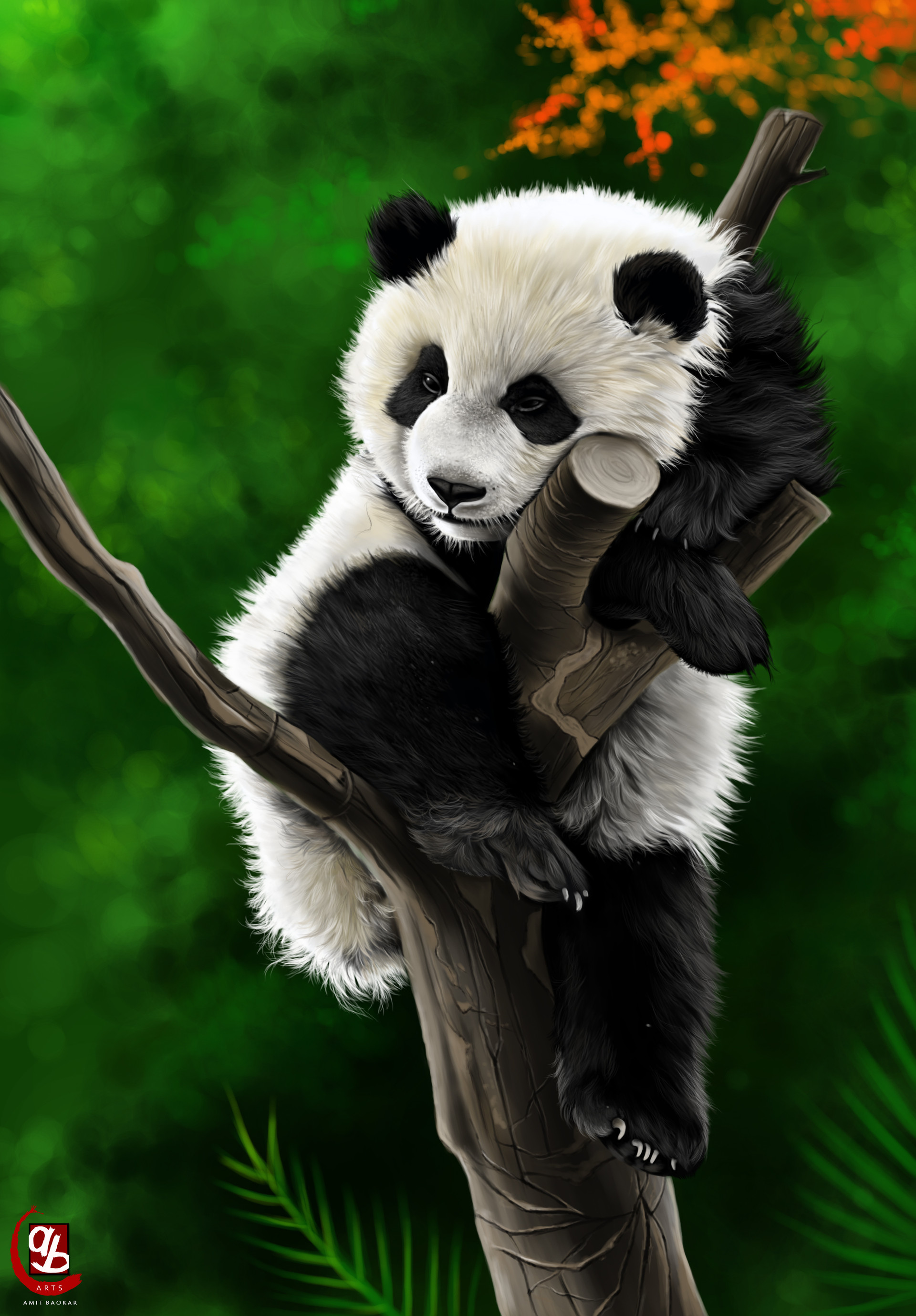 animal, panda, art, branch Full HD