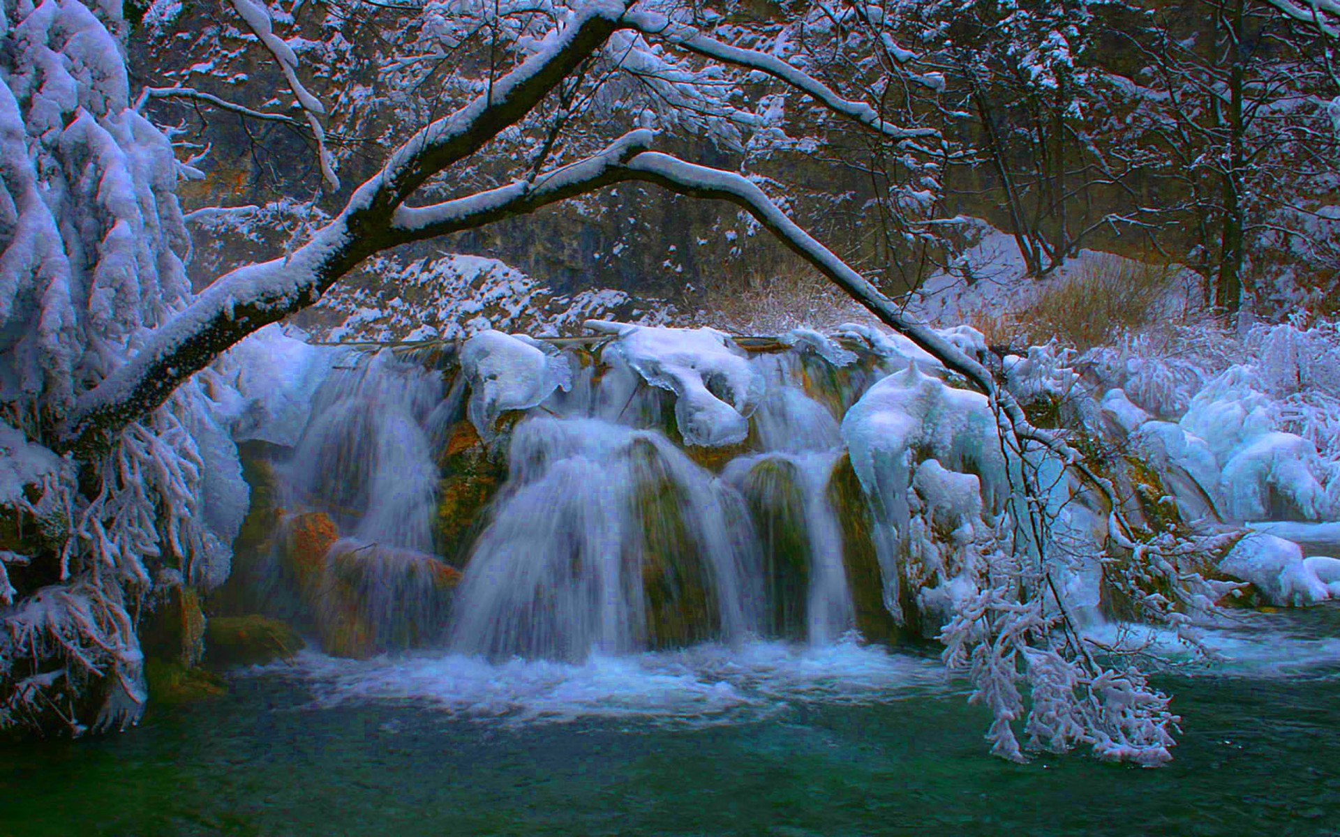 Плитвицкие озёра, Хорватия закат зима