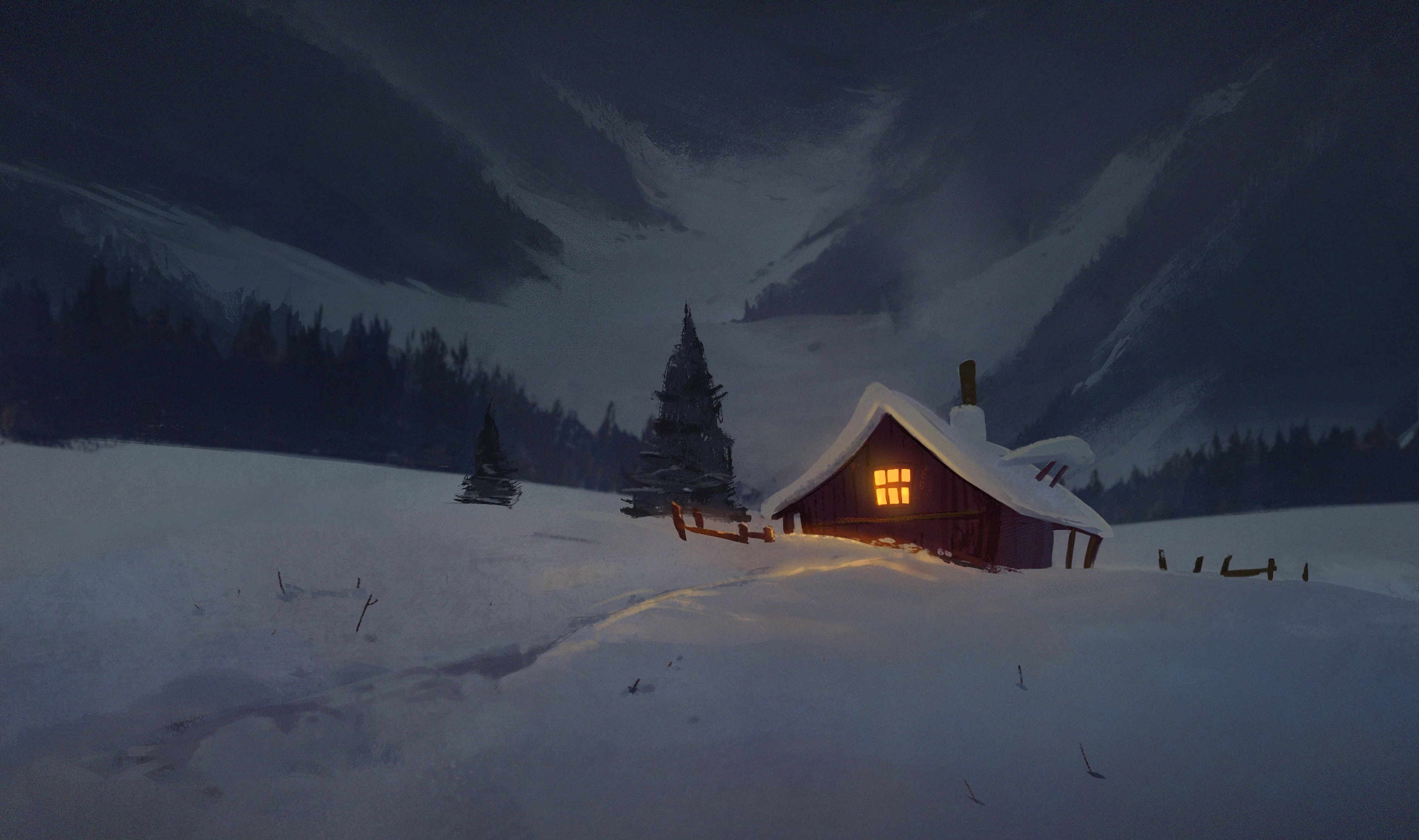 Download mobile wallpaper Izba, Art, House, Night, Snow for free.