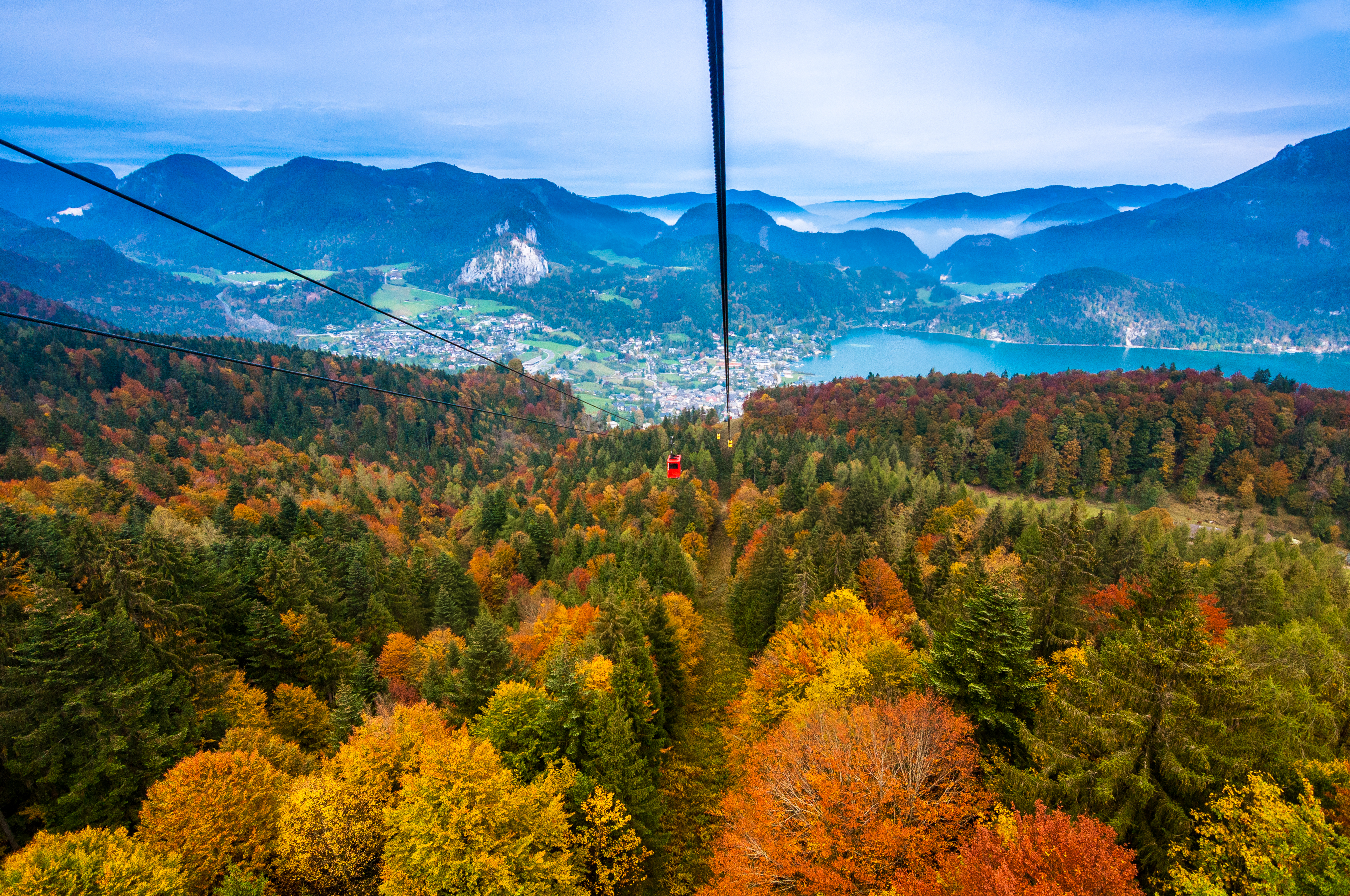 81959 скачать картинку горы, осень, природа, деревья, вид сверху, канатная дорога - обои и заставки бесплатно
