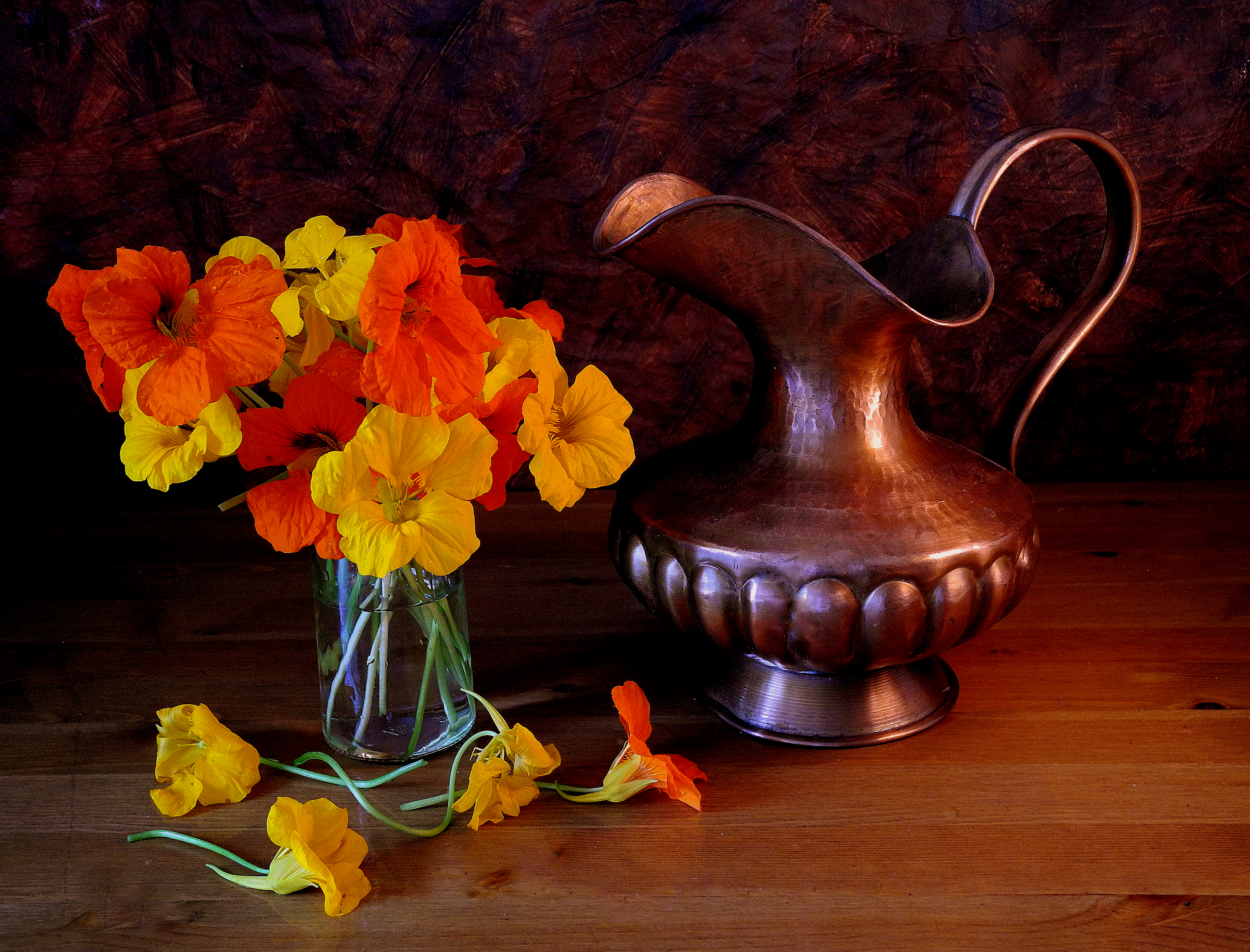 photography, still life, bronze, flower, orange flower, pitcher, yellow flower