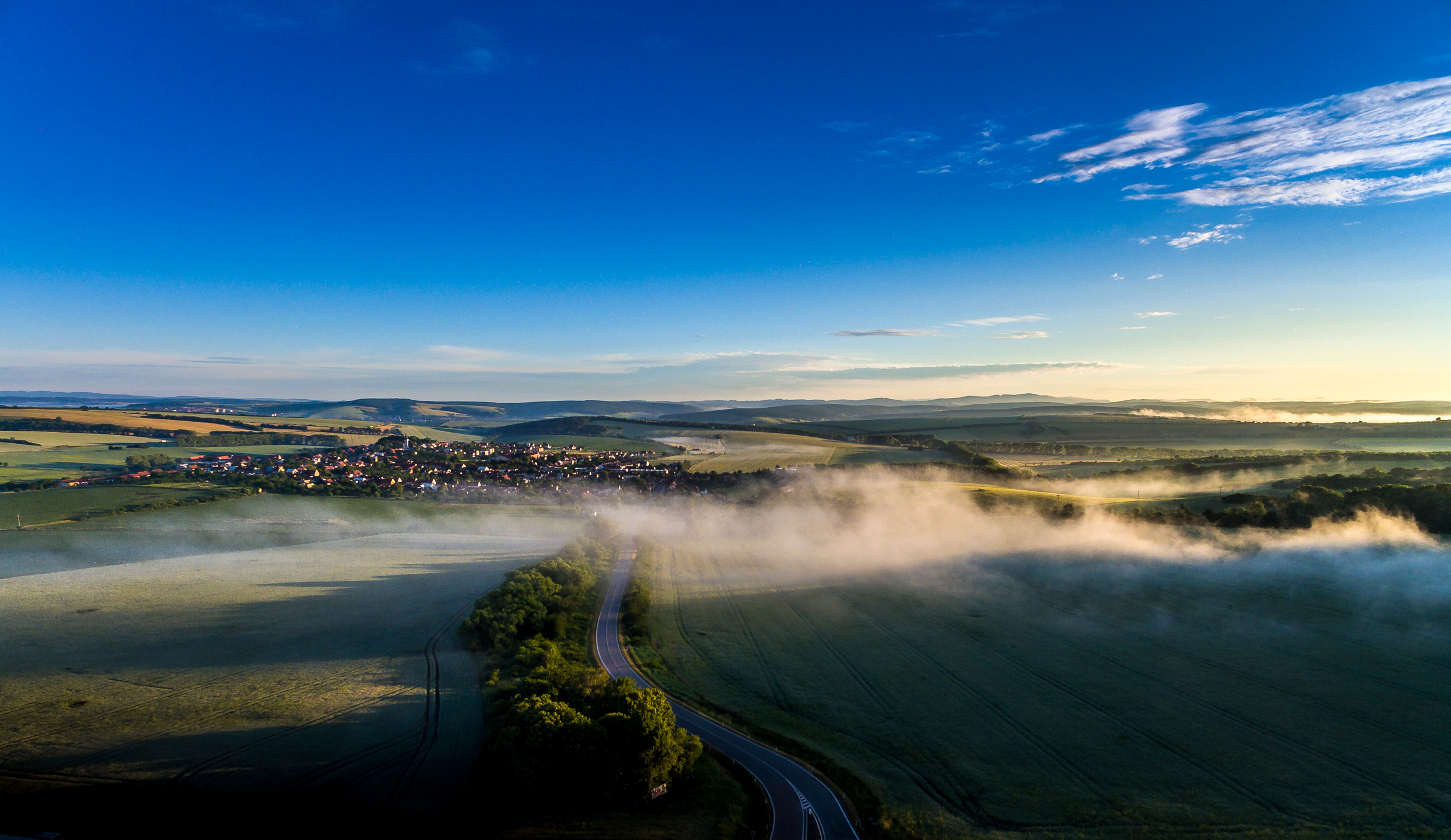 photography, landscape, czech republic, fog, horizon, panorama, road, sky, village