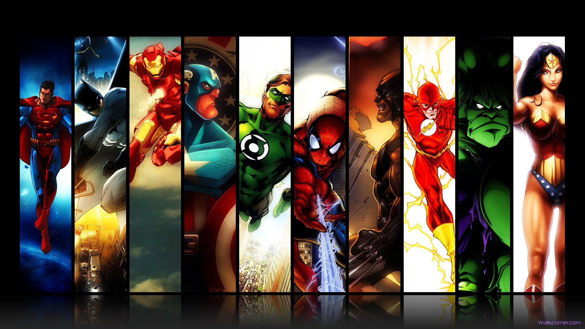 collage, comics, batman, captain america, flash, green lantern, hulk, iron man, spider man, superman, wolverine, wonder woman