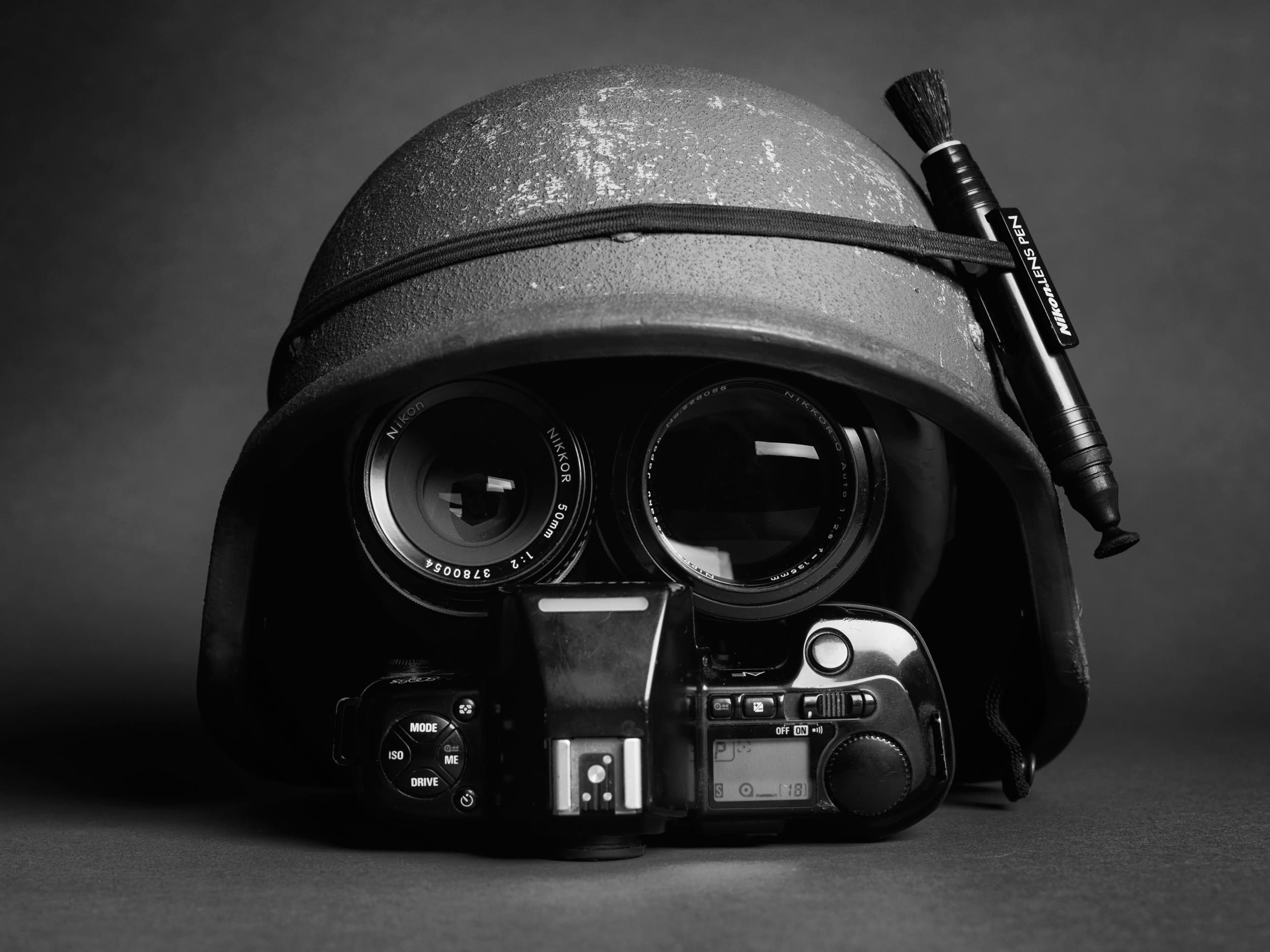 nikon, black, camera, black & white, man made, helmet, lens