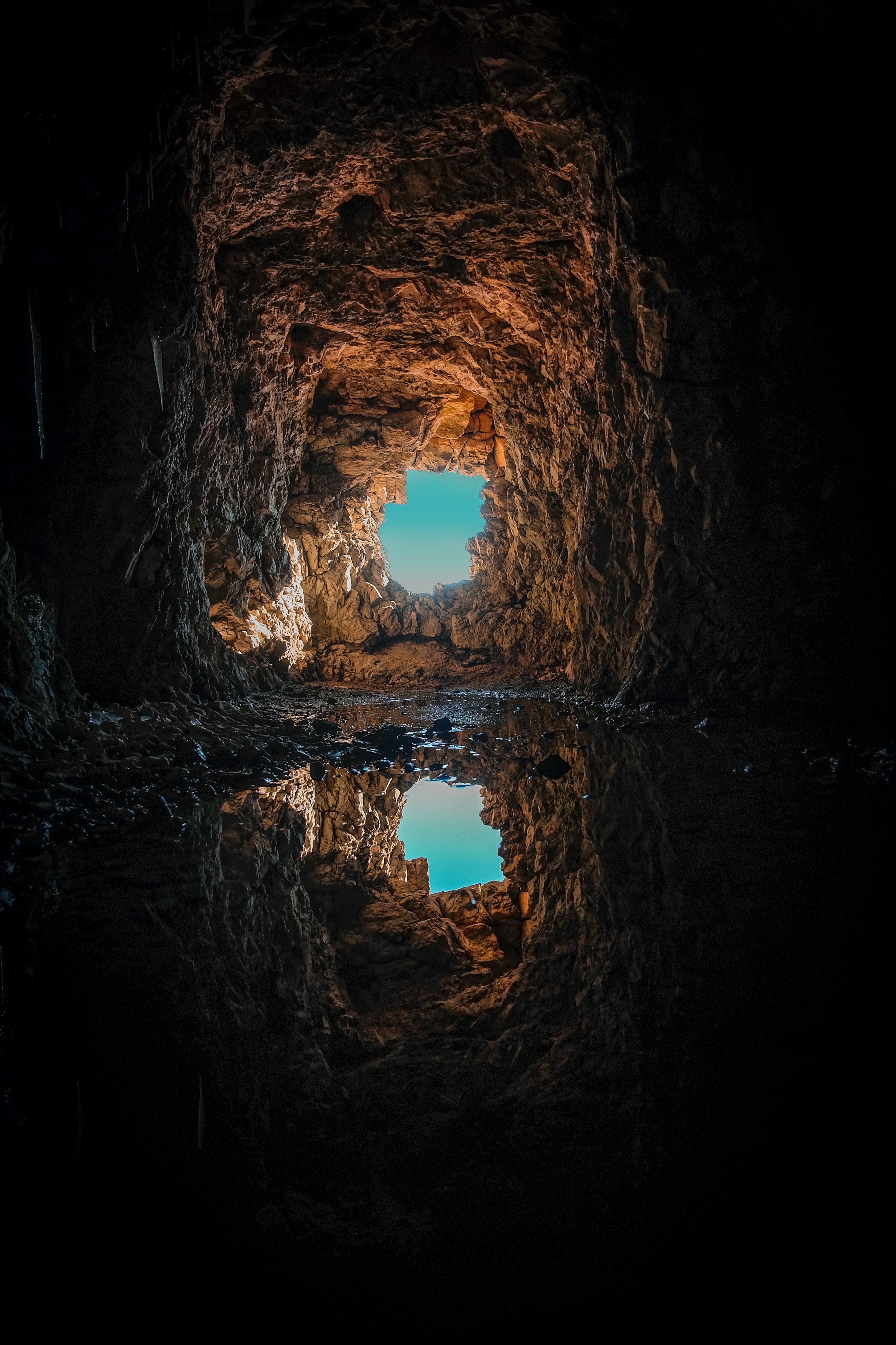Download mobile wallpaper Puddle, Rock, Reflection, Nature, Cave for free.