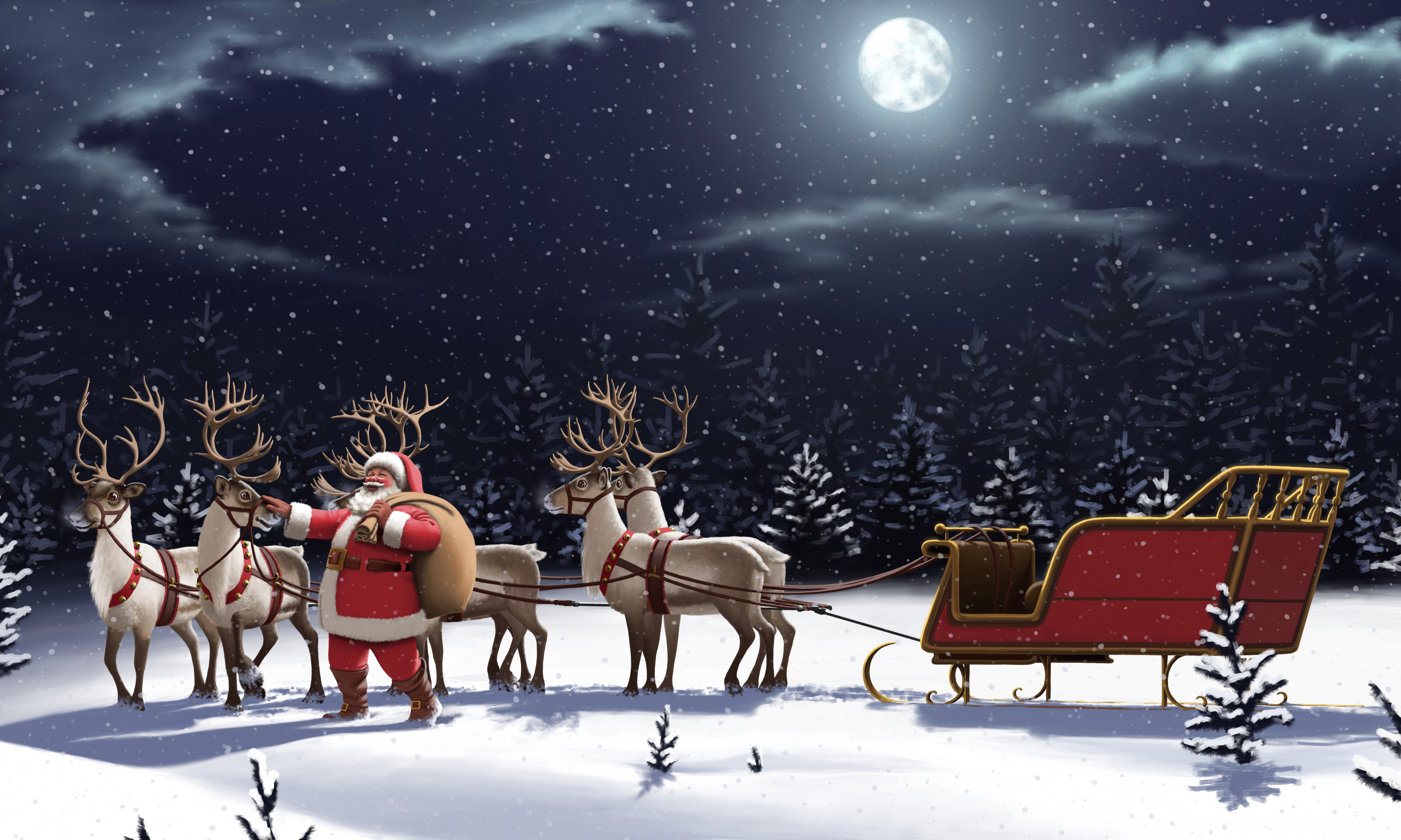 night, reindeer, christmas, snowfall, holiday, moon, santa, sleigh