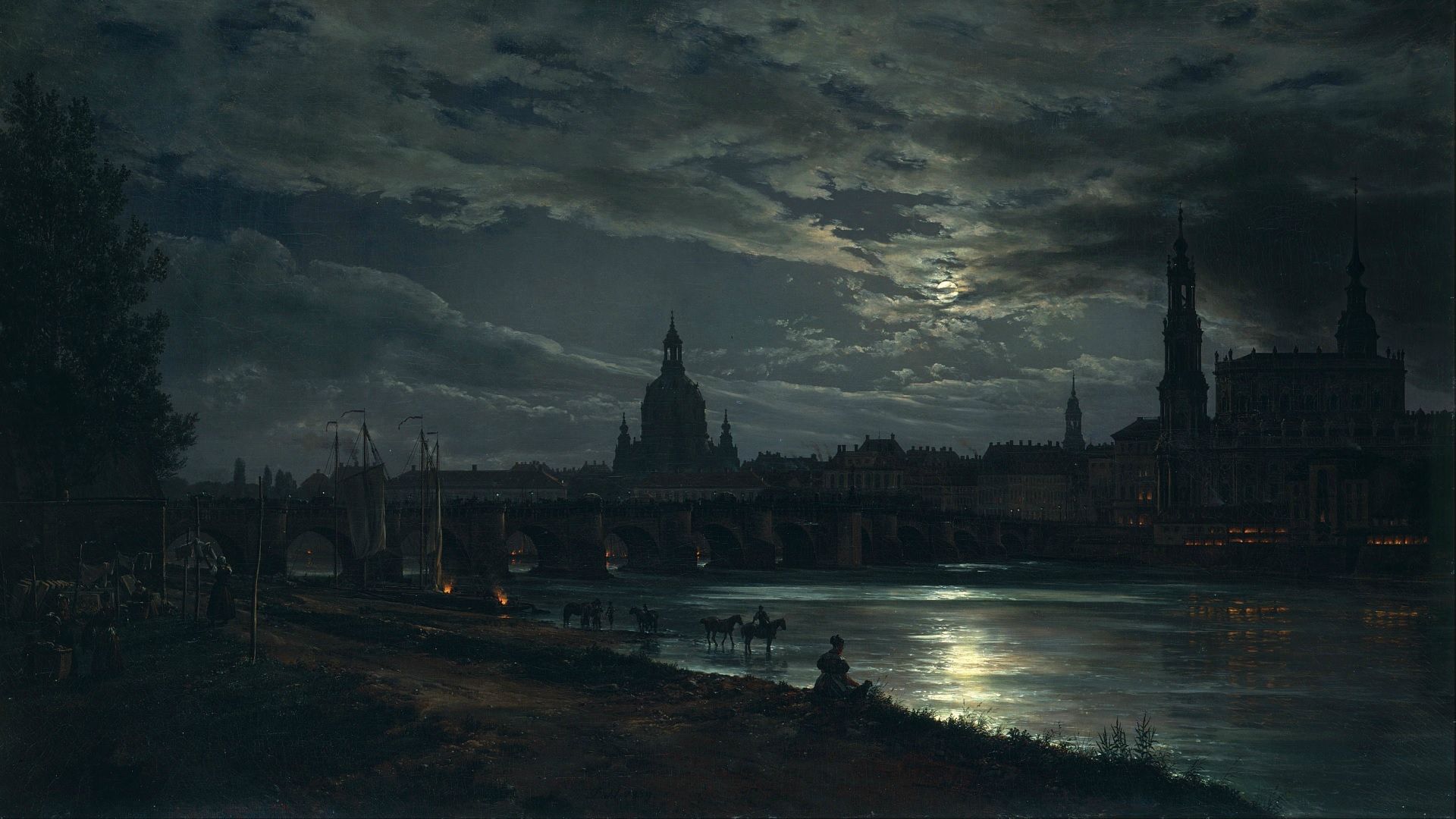 Download mobile wallpaper Night, City, Artistic, Cloud, Horse, River, Moonlight, Victorian for free.
