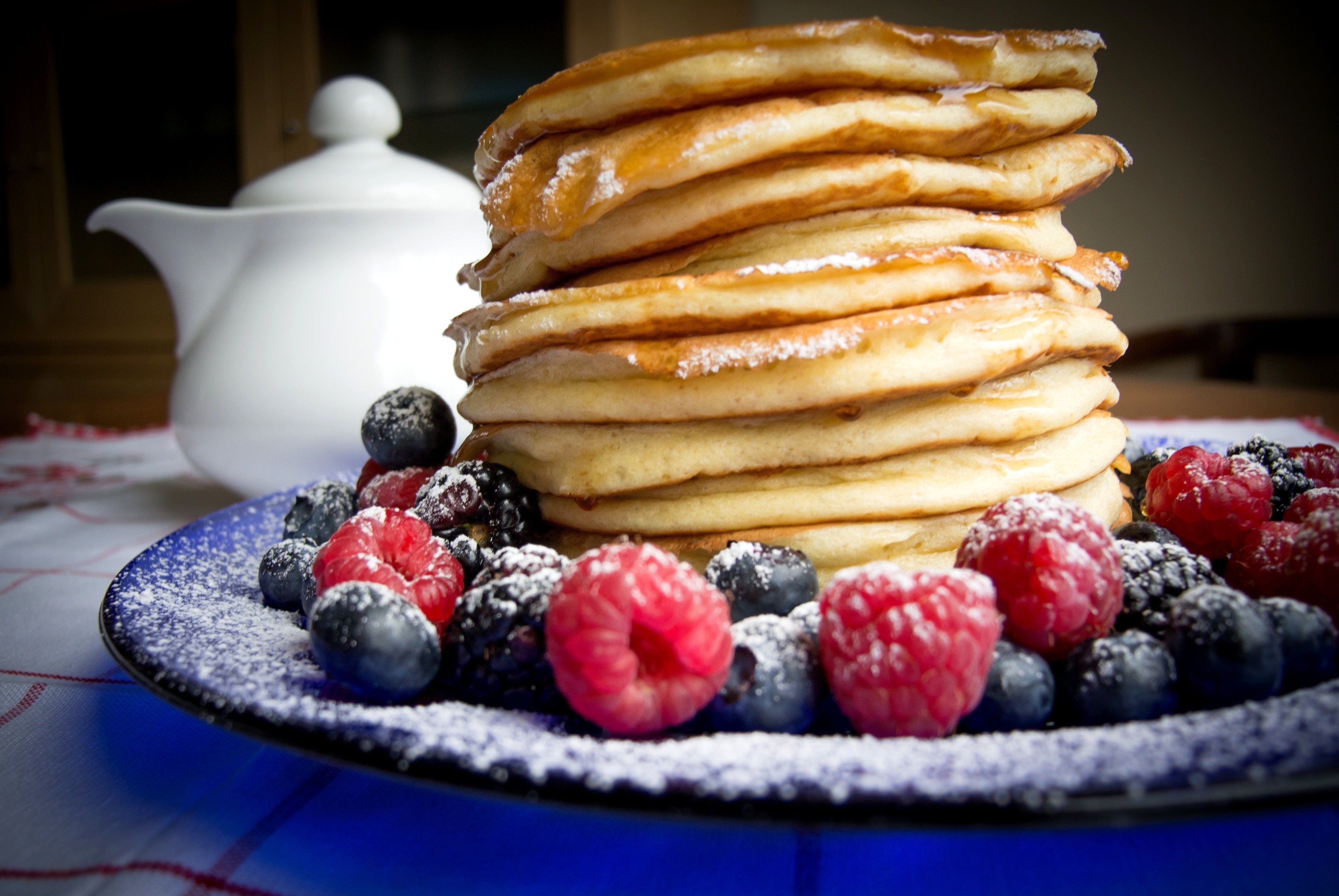 Download mobile wallpaper Food, Blueberry, Raspberry, Blackberry, Berry, Breakfast, Pancake for free.