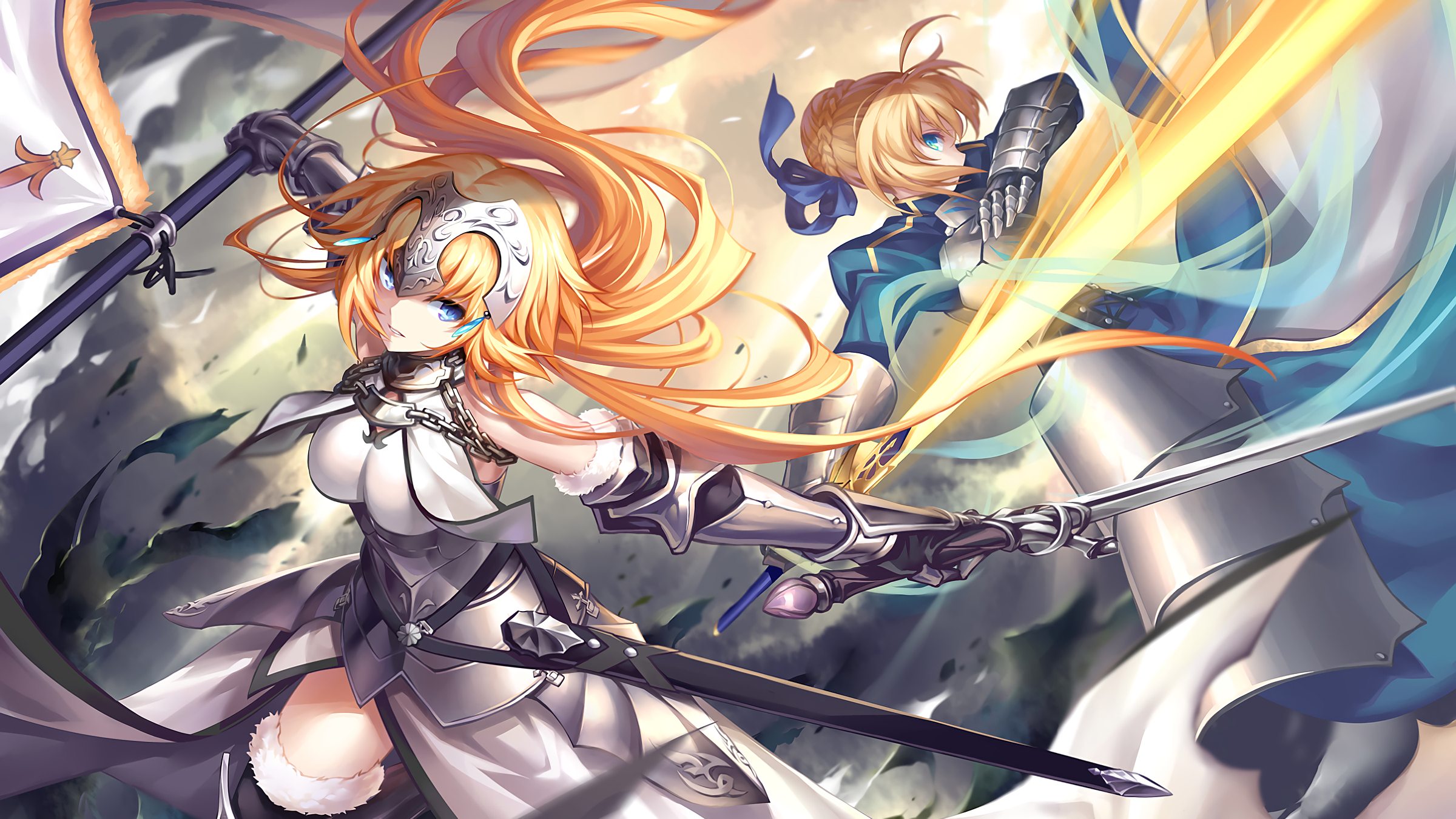 anime, jeanne d'arc (fate series), fate/grand order, fate series, armor, artoria pendragon, blue eyes, fate/stay night, long hair, saber (fate series), sword, weapon Full HD