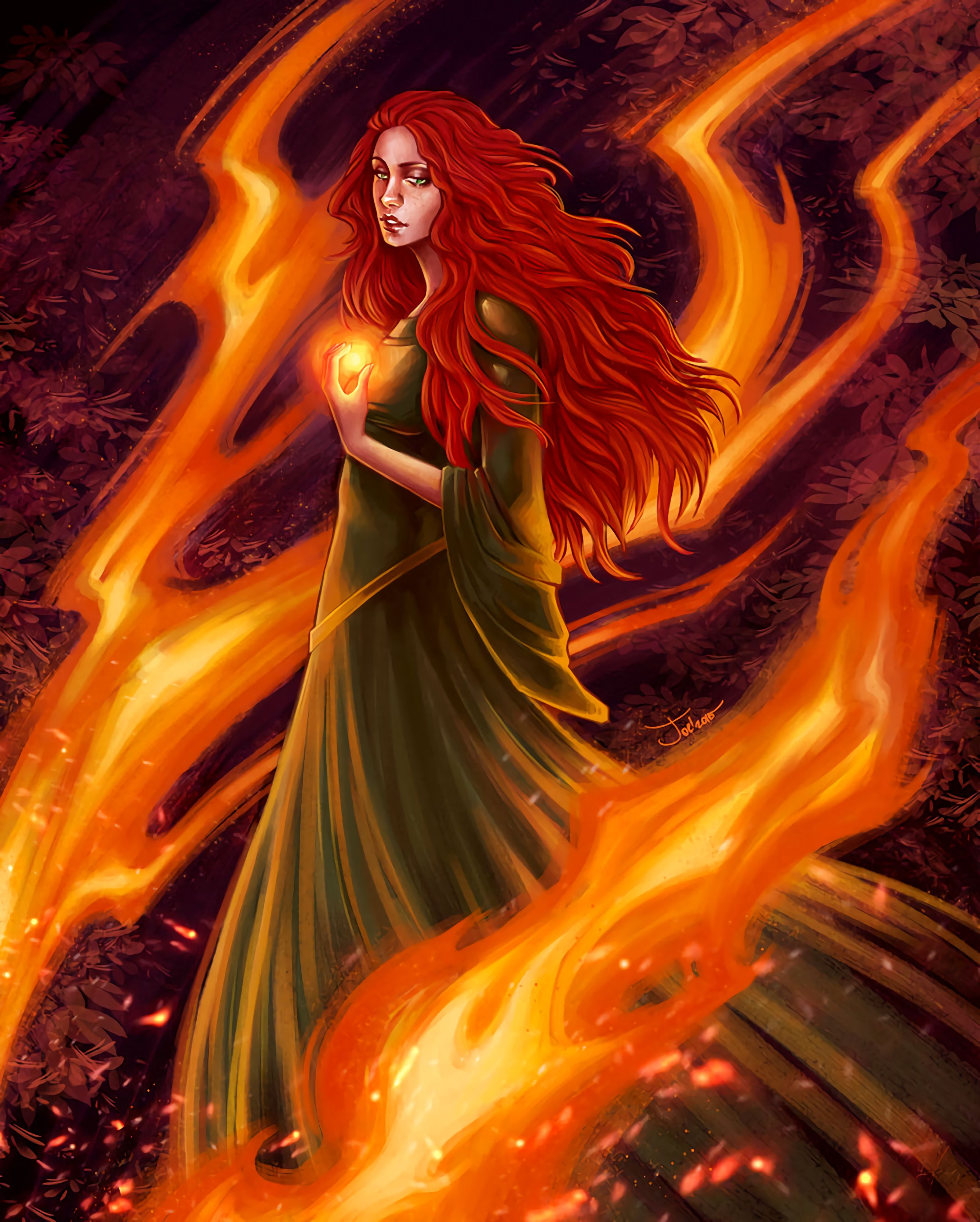 Mobile wallpaper dress, art, fire, flame, girl, redhead
