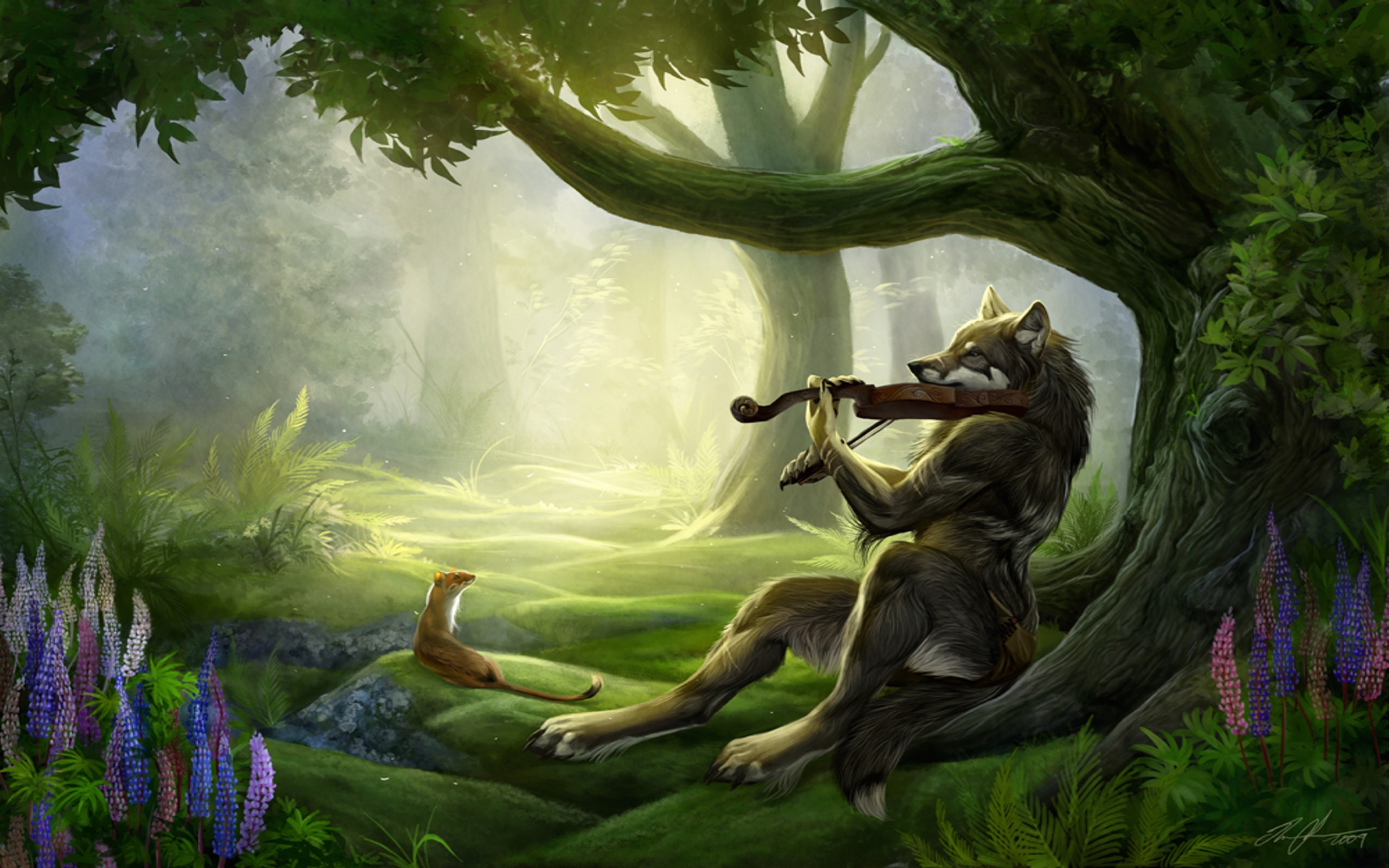 forest, wolf, violin, tree, fantasy, fantasy animals HD wallpaper