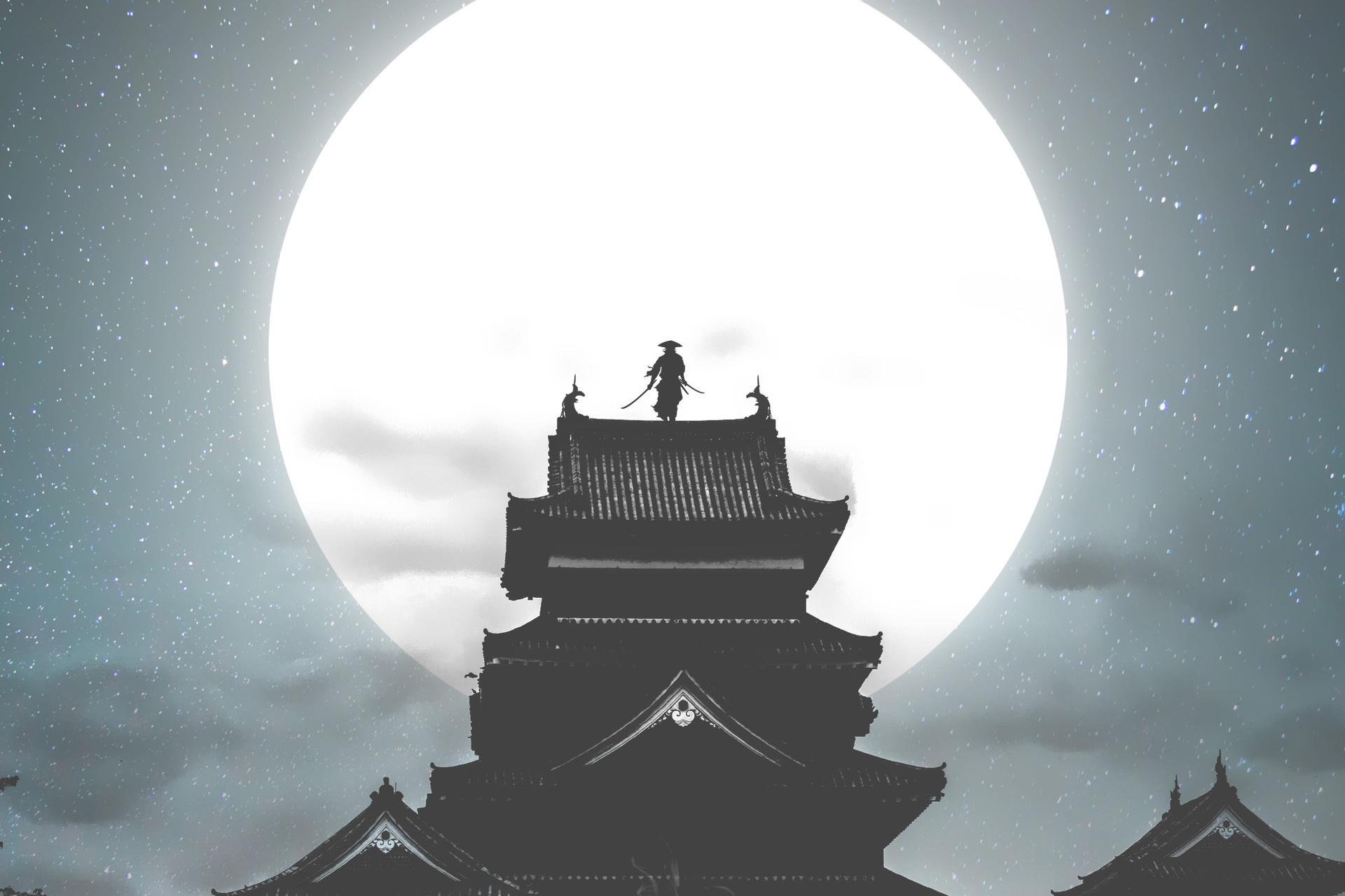 930541 Hintergrundbild herunterladen fantasie, samurai, mond, nacht, krieger - Bildschirmschoner und Bilder kostenlos