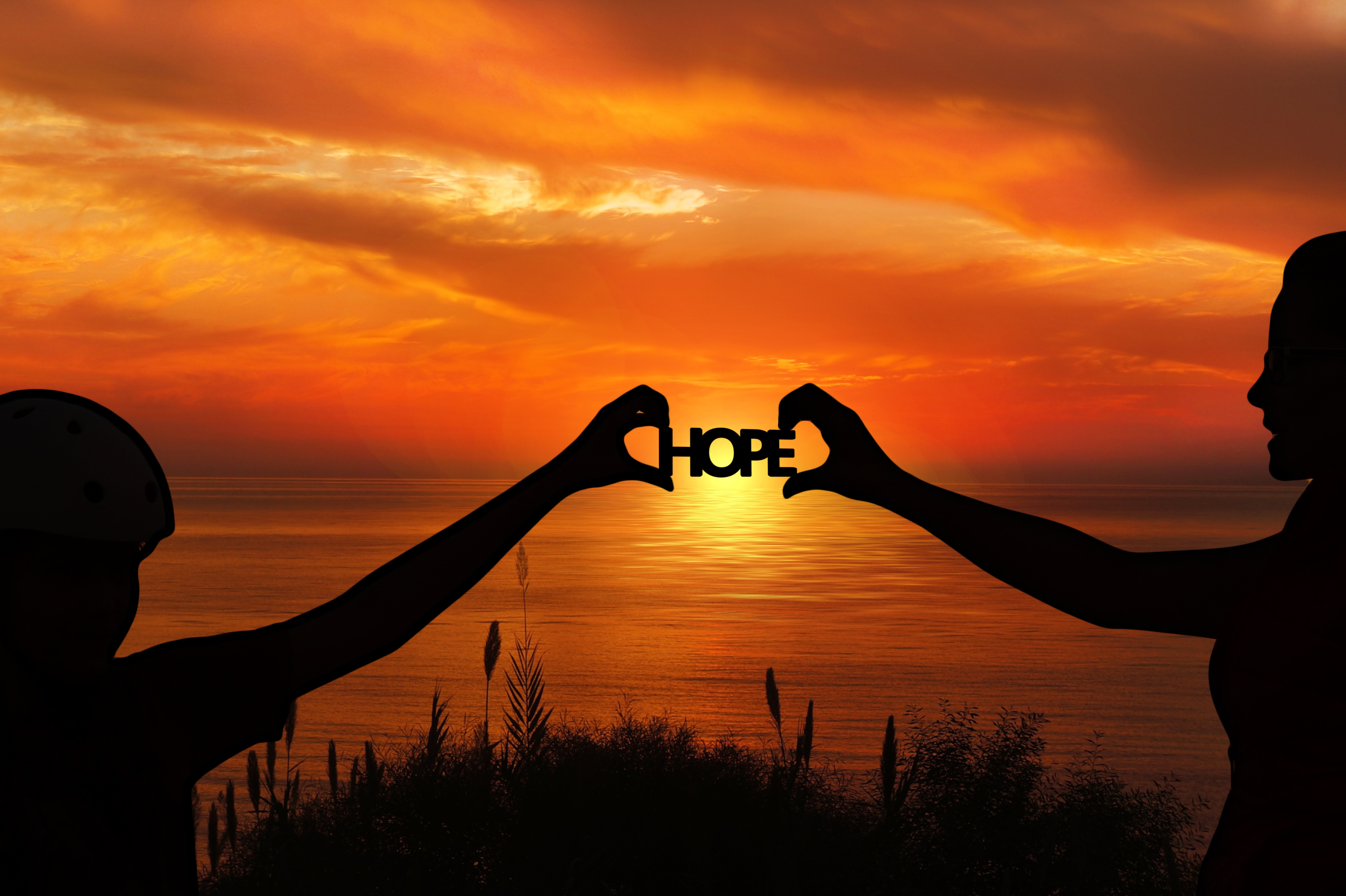 motivation, hope, silhouettes, hands, words, sunset, horizon 2160p