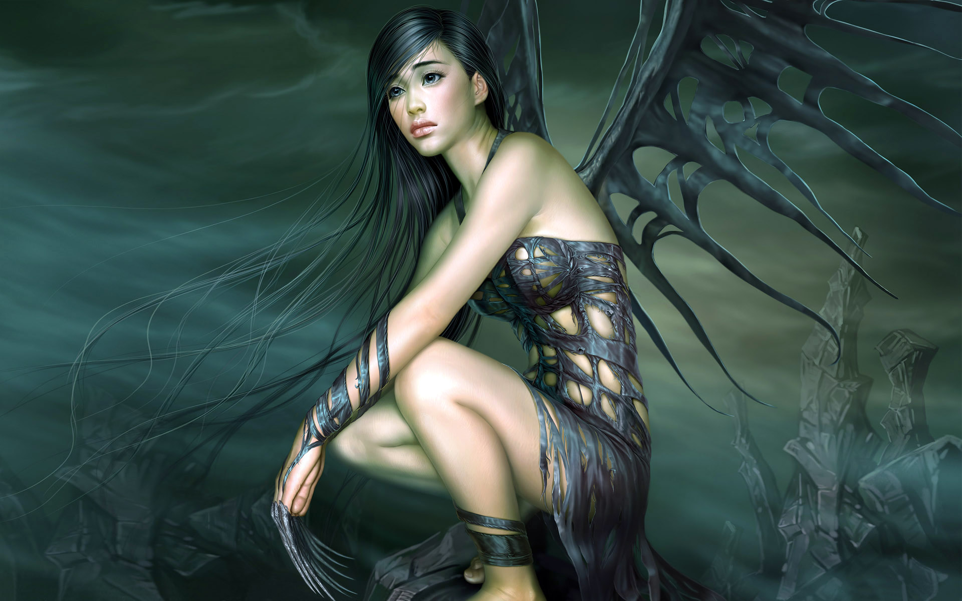 HD wallpaper fantasy, wings, angel, black hair