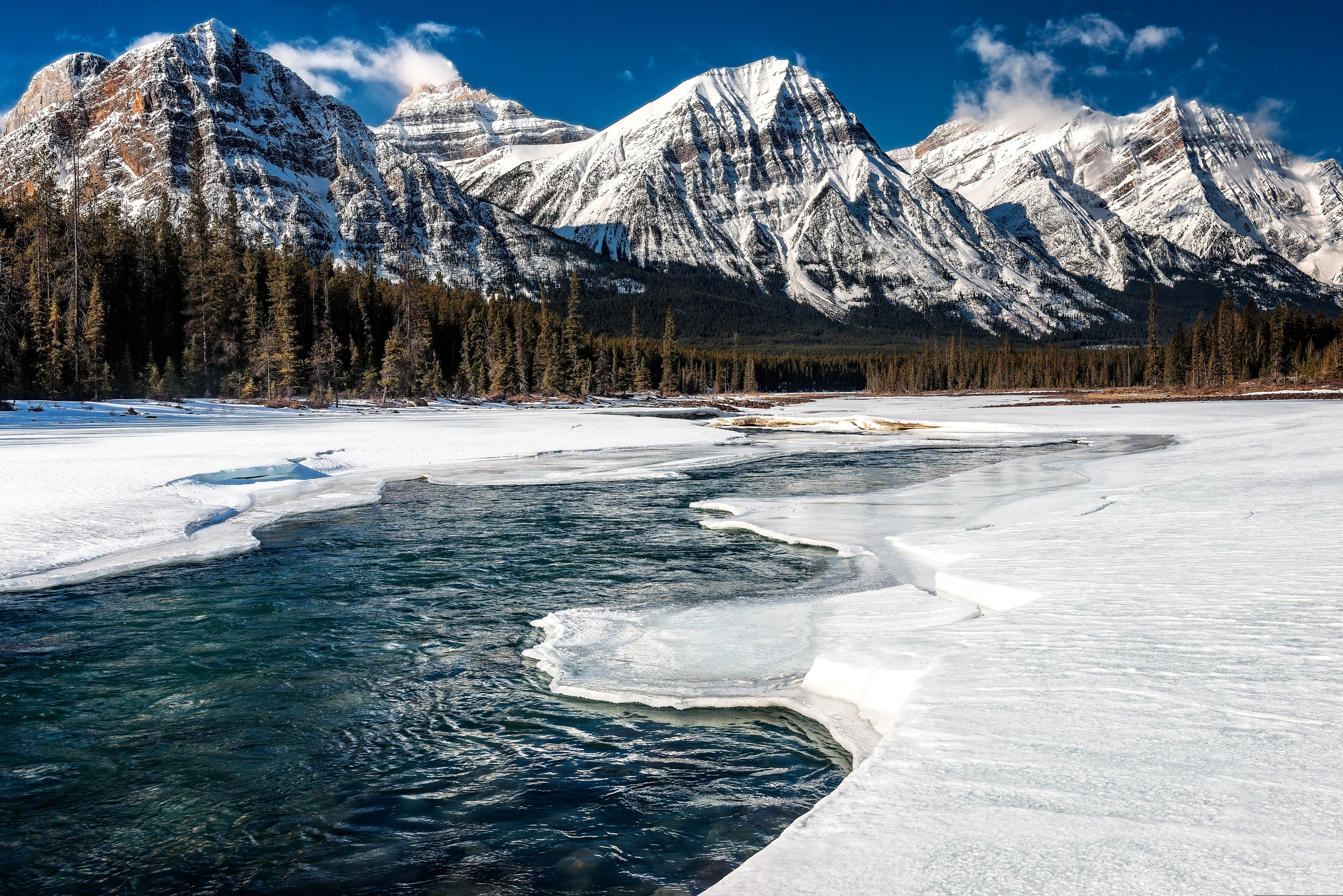 earth, mountain, alberta, canada, forest, ice, landscape, nature, river, snow, winter, mountains