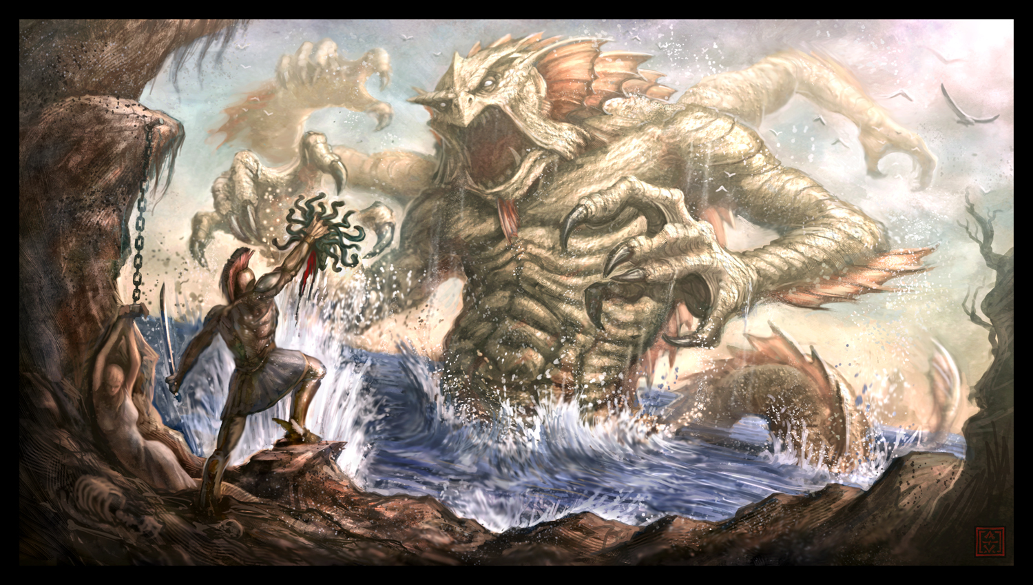 fantasy, medusa, cetus, creature, monster, perseus, sea monster, warrior HD wallpaper