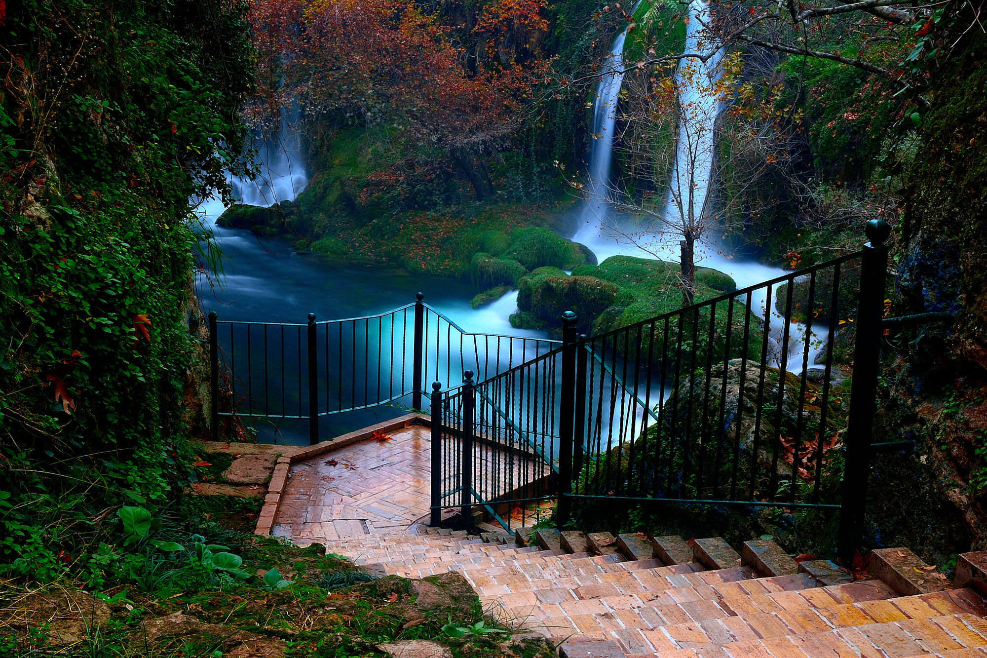 turkey, fence, photography, nature, duden waterfalls, stairs, tree, waterfall phone wallpaper