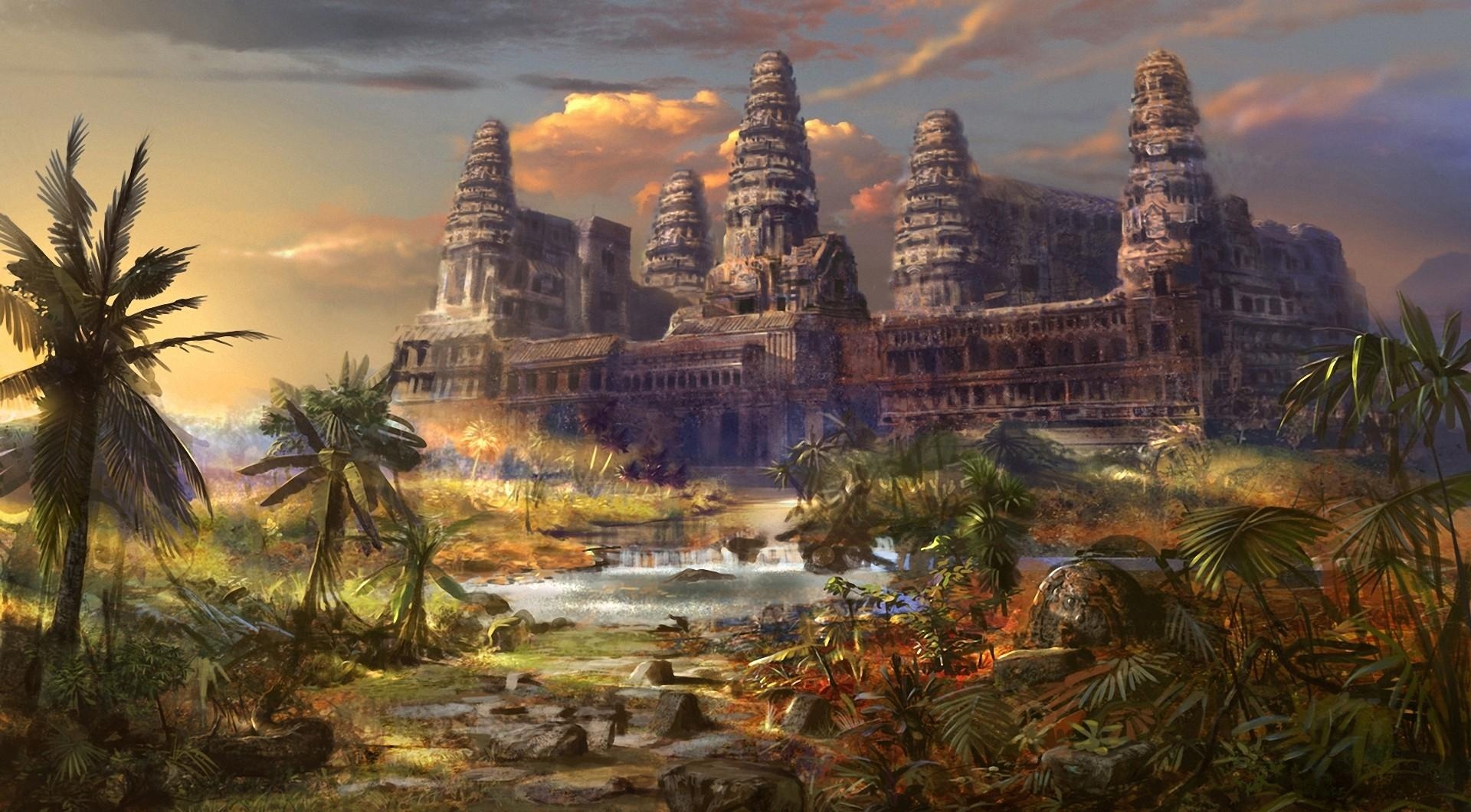 fantasy, another world, palms, temple, destruction, different world Desktop home screen Wallpaper