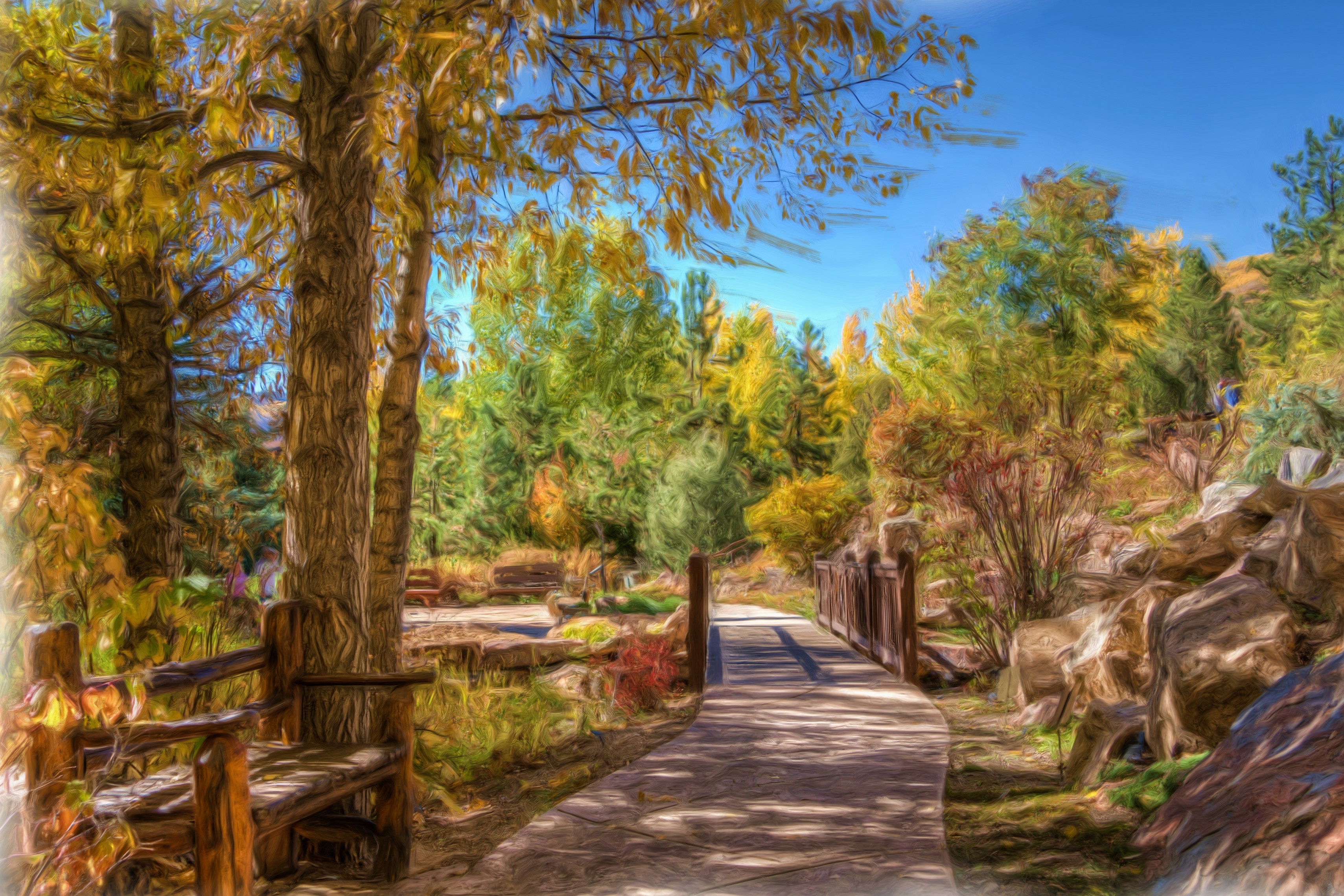 artistic, park, bench, colorado, landscape, oil painting, painting, path, tree