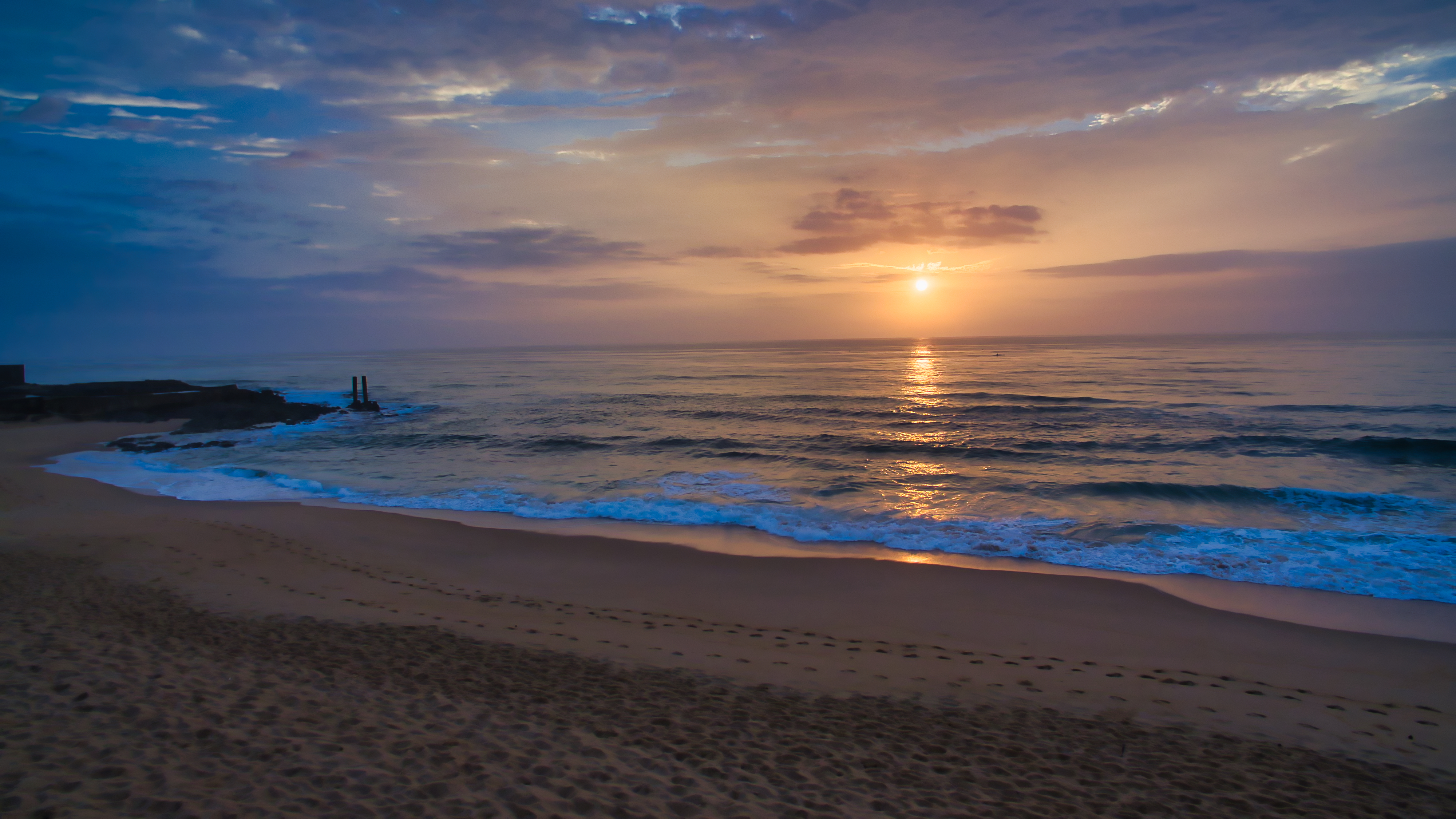 1920x1080 Background beach, sea, nature, sunset, twilight, waves, dusk, evening