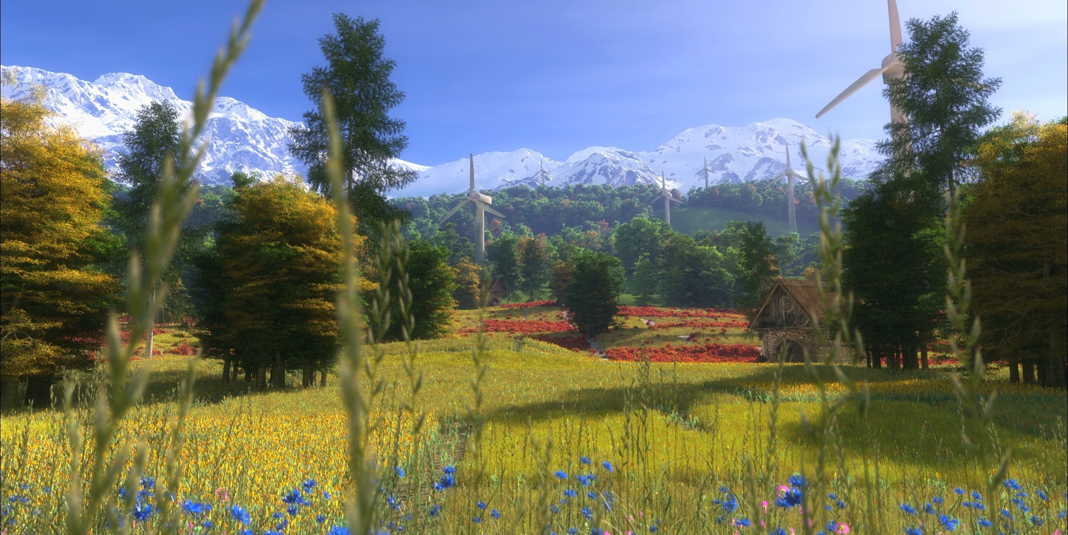 Laden Sie das Windmühlen, Bäume, Haus, Natur, Blumen, Grass, Mountains, Sommer, Kunst-Bild kostenlos auf Ihren PC-Desktop herunter