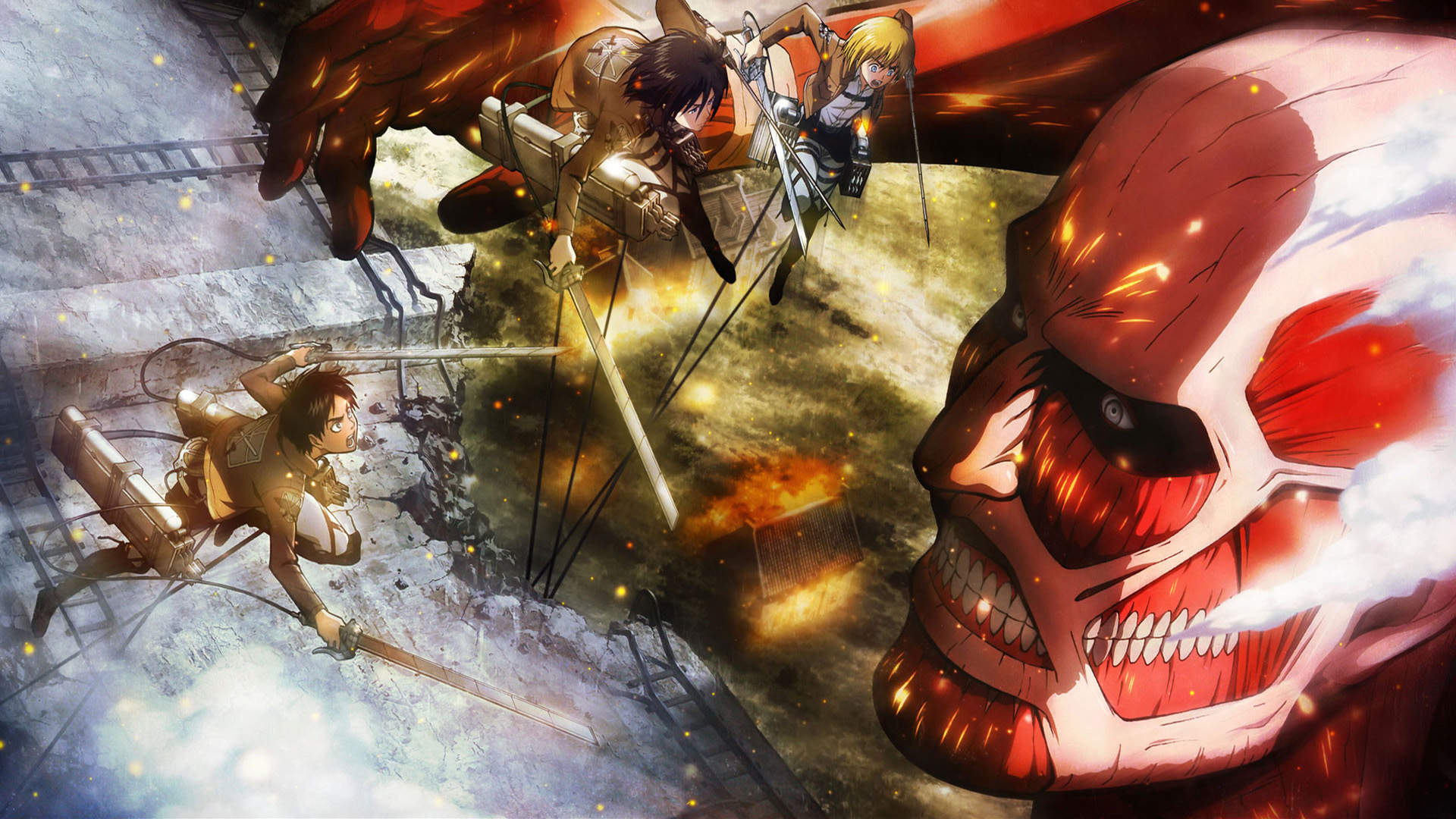 anime, attack on titan, armin arlert, colossal titan, eren yeager, mikasa ackerman HD wallpaper
