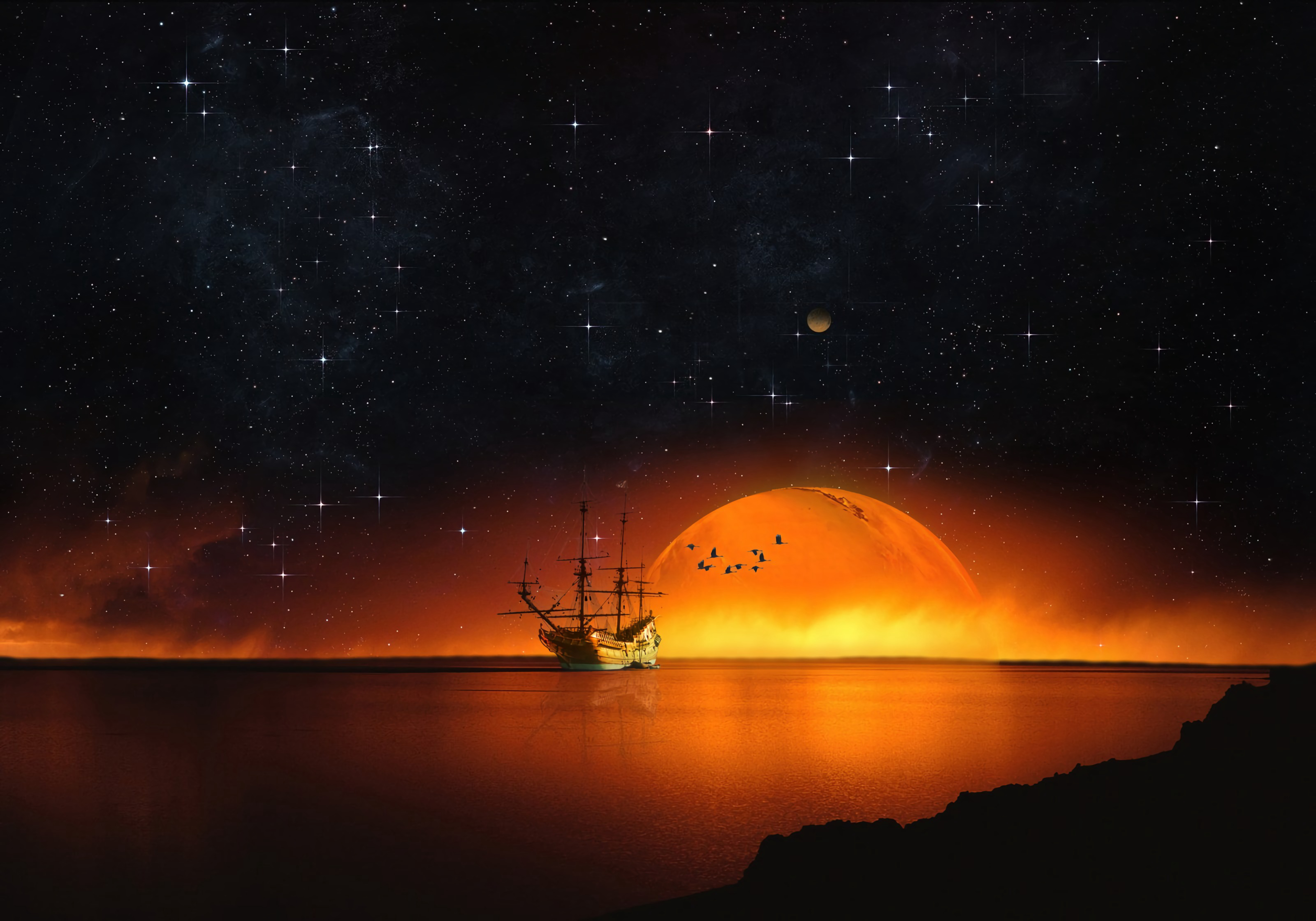 night, ship, photoshop, miscellanea, miscellaneous, sea, starry sky cell phone wallpapers