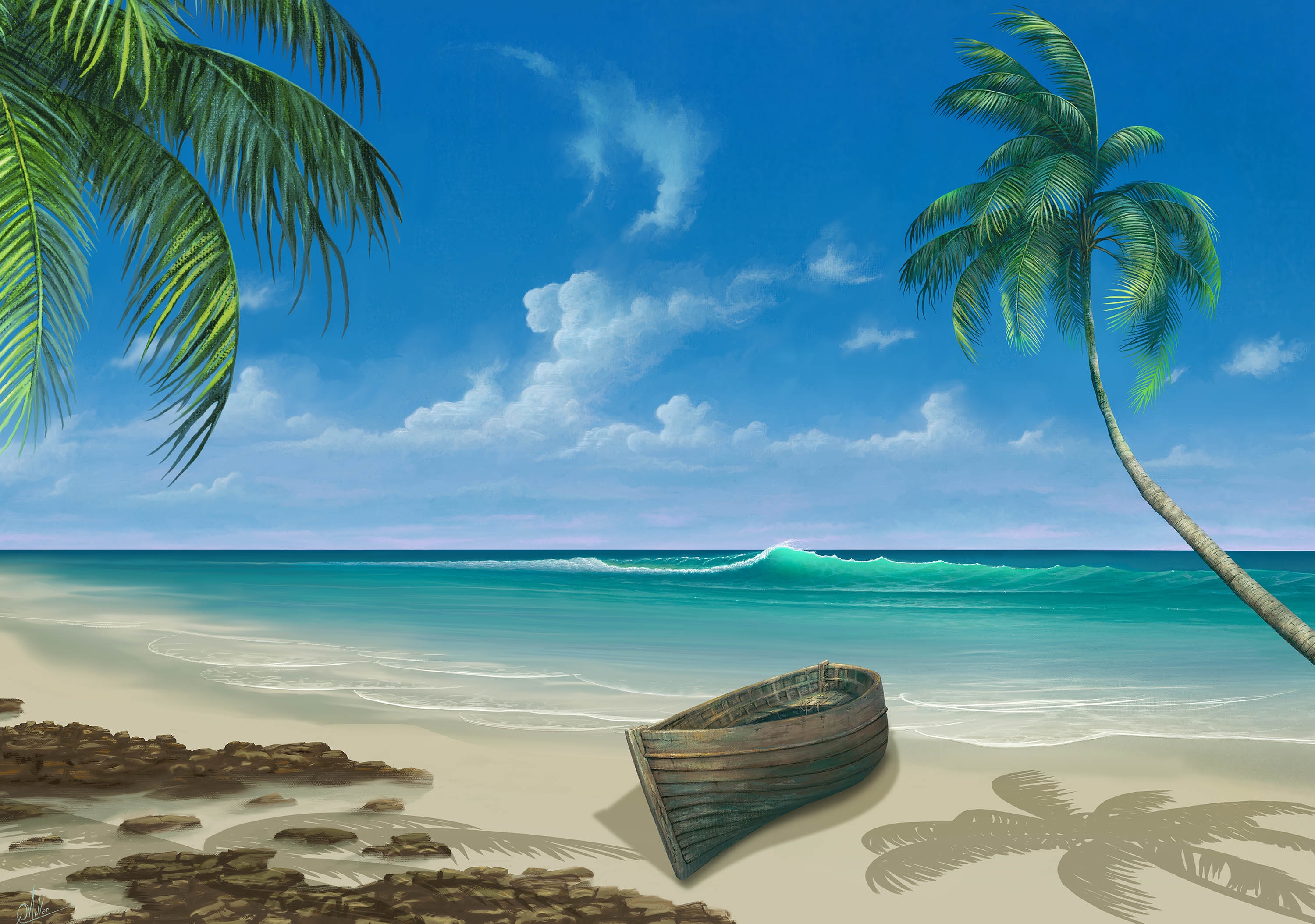 86196 Hintergrundbild herunterladen kunst, surfen, ozean, palme, palm, ein boot, boot - Bildschirmschoner und Bilder kostenlos
