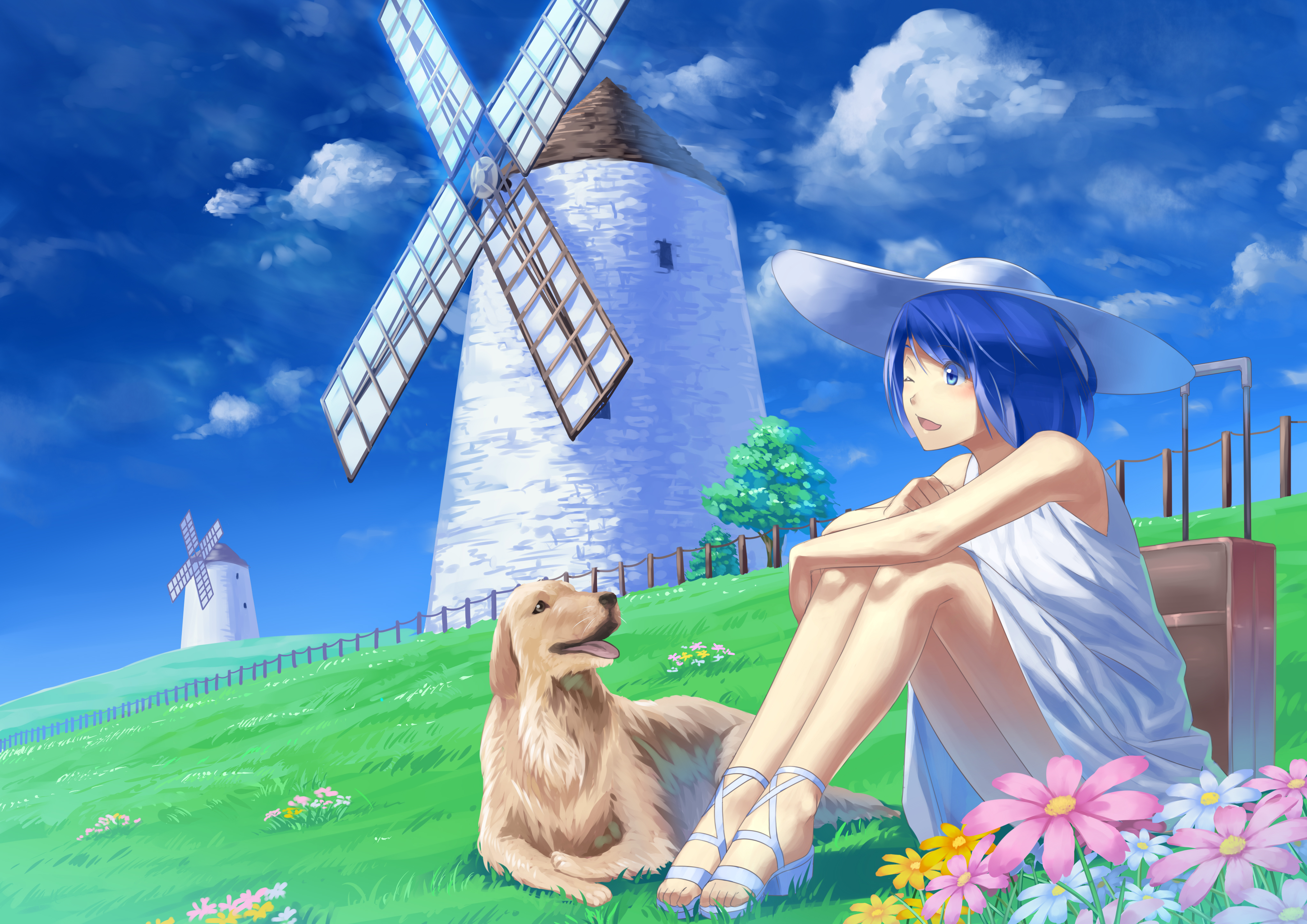 girl, anime, blue eyes, blue hair, dog, hat, windmill phone background