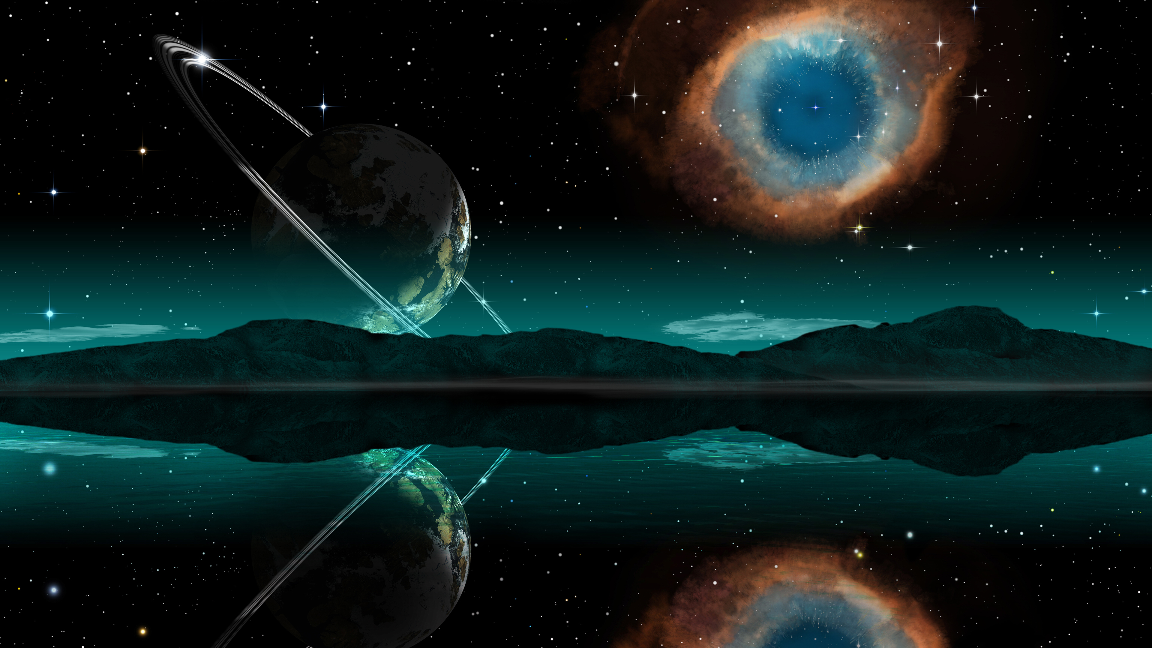 landscape, nebula, reflection, sci fi, planet, planetary ring, stars lock screen backgrounds